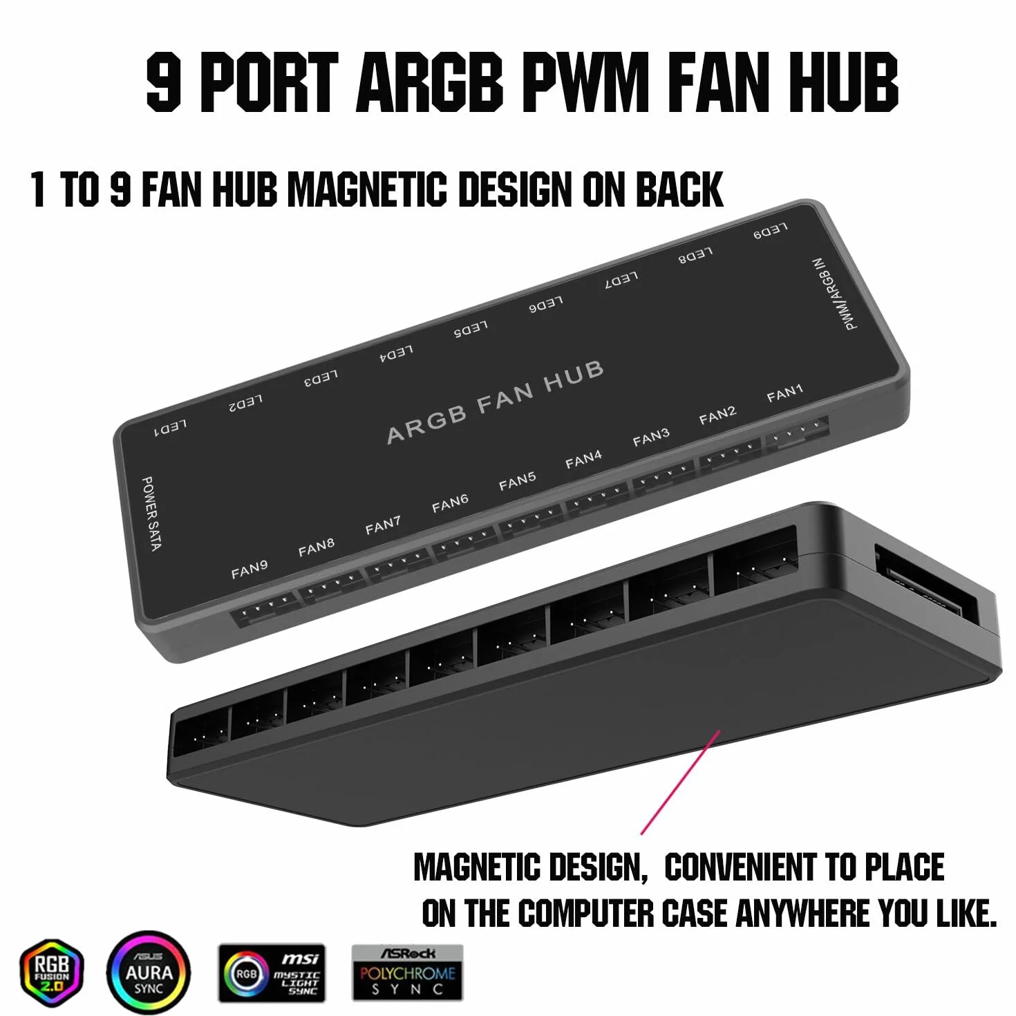ARGB PWM koncentrator wentylatora, adresowalny 5V-3PIN ARGB 12V 4PIN PWM obudowa 2-w-1 RGB Hub zasilania SATA, 9 portów wentylatora i 9 portów LED, obsługa koncentratora wentylatora PC 9 komputerów