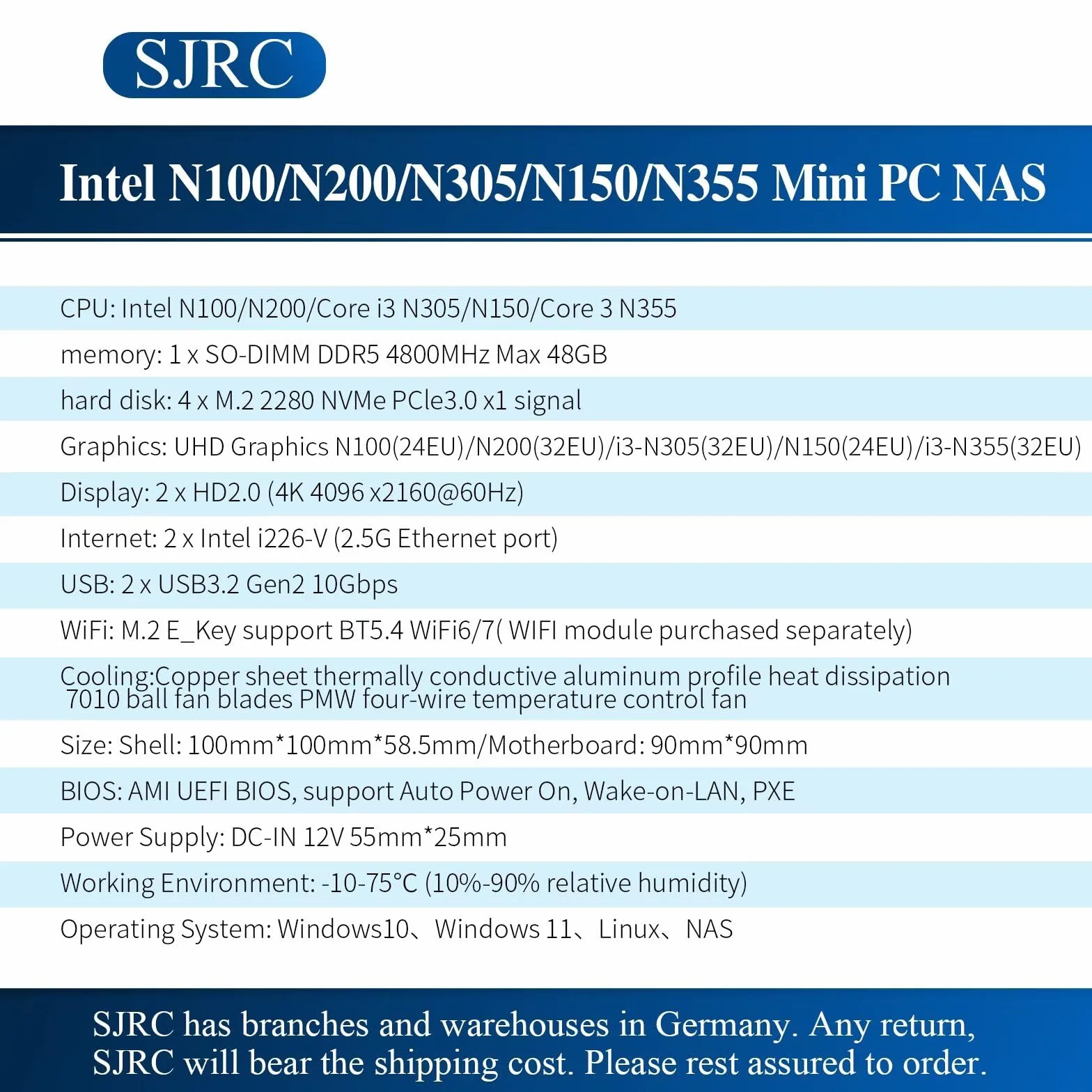 SJRC 4 Bay NAS Mini PC N200, 4 x NVMe Micro NAS Server do komputera stacjonarnego, 2 x i226-V 2,5 GbE LAN Network Attached Storage with USB 3.2, obsługa WiFi7/BT5.4, bez barebone RAM/SSD/OS
