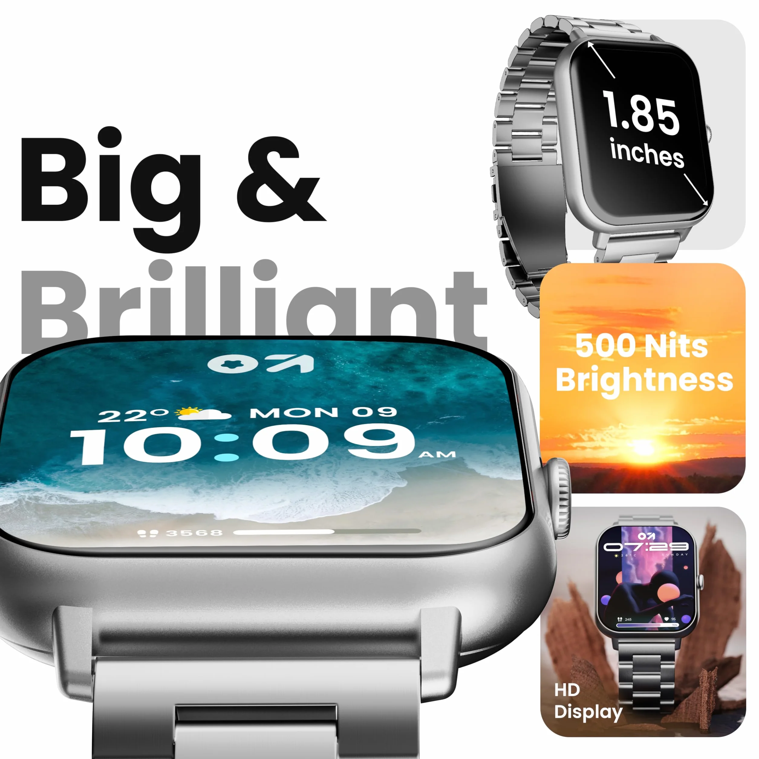 Boult Nowo wprowadzony na rynek Drift+ Smart Watch ekran HD 1,85'', połączenia Bluetooth, IP68, jasność 500 nitów, ponad 150 tarcz zegarków, asystent głosowy AI, monitorowanie SpO2, smartwatch z