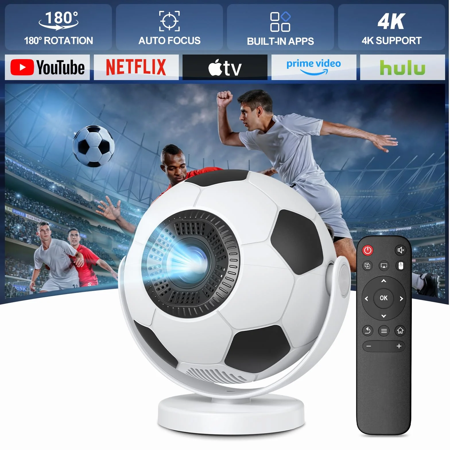 [Dedykowany projektor Mistrzostw Świata] Mini projektor, inteligentny projektor z WiFi 6 i Bluetooth 5.4, Android 14, obrót o 180°, przenośny projektor, kompatybilny z HDMI/TV Stick/laptopem