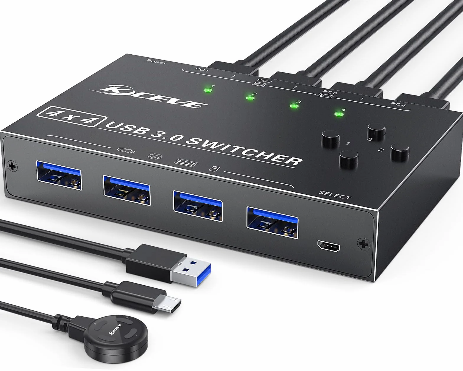 Selektor Przełącznika USB 3.0 4 Porty, MLEEDA Przełącznik KVM 4 Komputery Udostępniające 4 Urządzenia USB, do Skanera Drukarki Klawiatury i Myszy, Przewodowym Przyciskiem Zdalnego i 4 Kablami USB 3.0