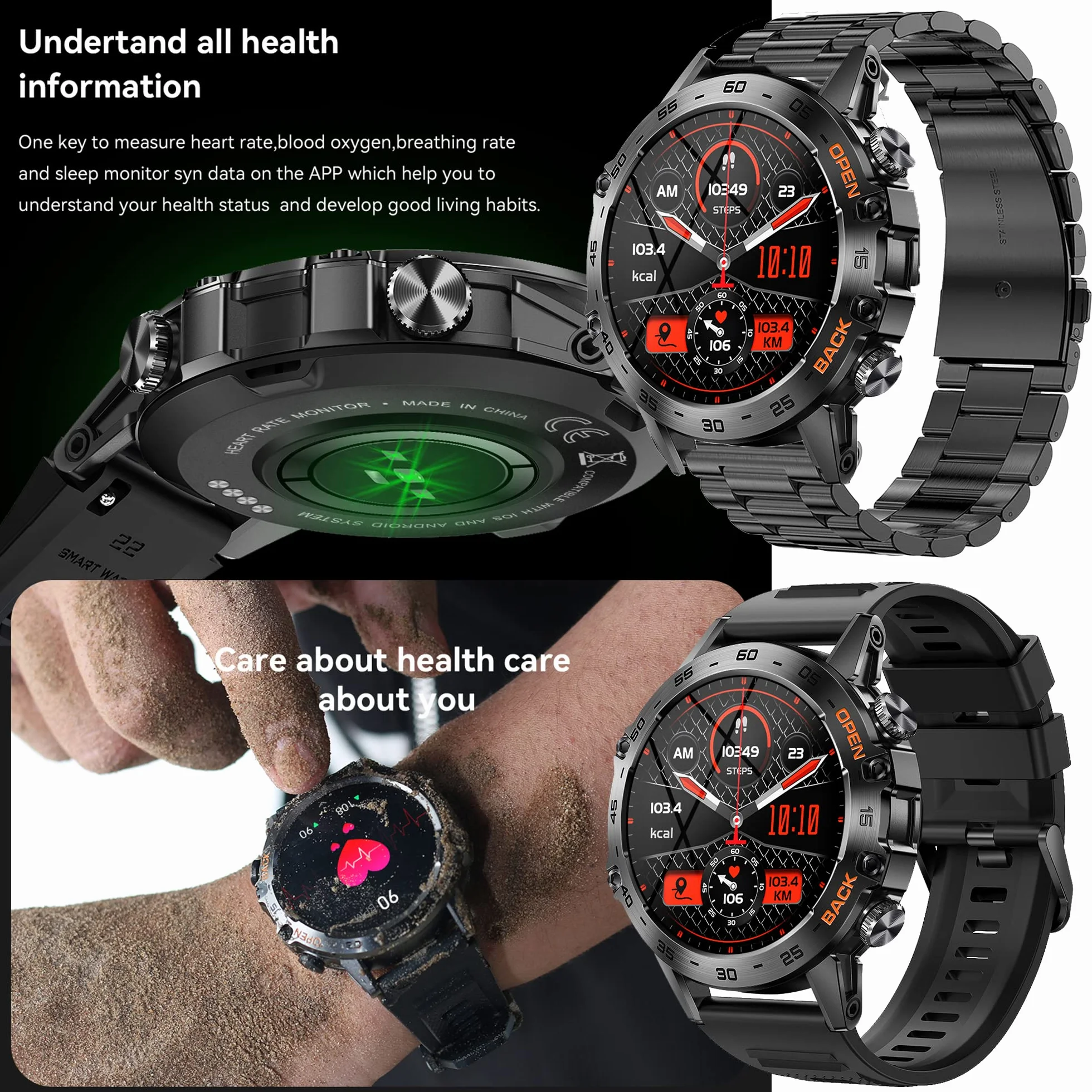 Smartwatch Mężczyzna Połączenie Bluetooth i Odpowiedź Głośnomówiący Inteligentny Zegarek Krokomierz Monitor Snu 123 Tryb Sport Powiadomienia Wiadomości Zegarek Fitness Tracker dla Androida iOS (czarny)