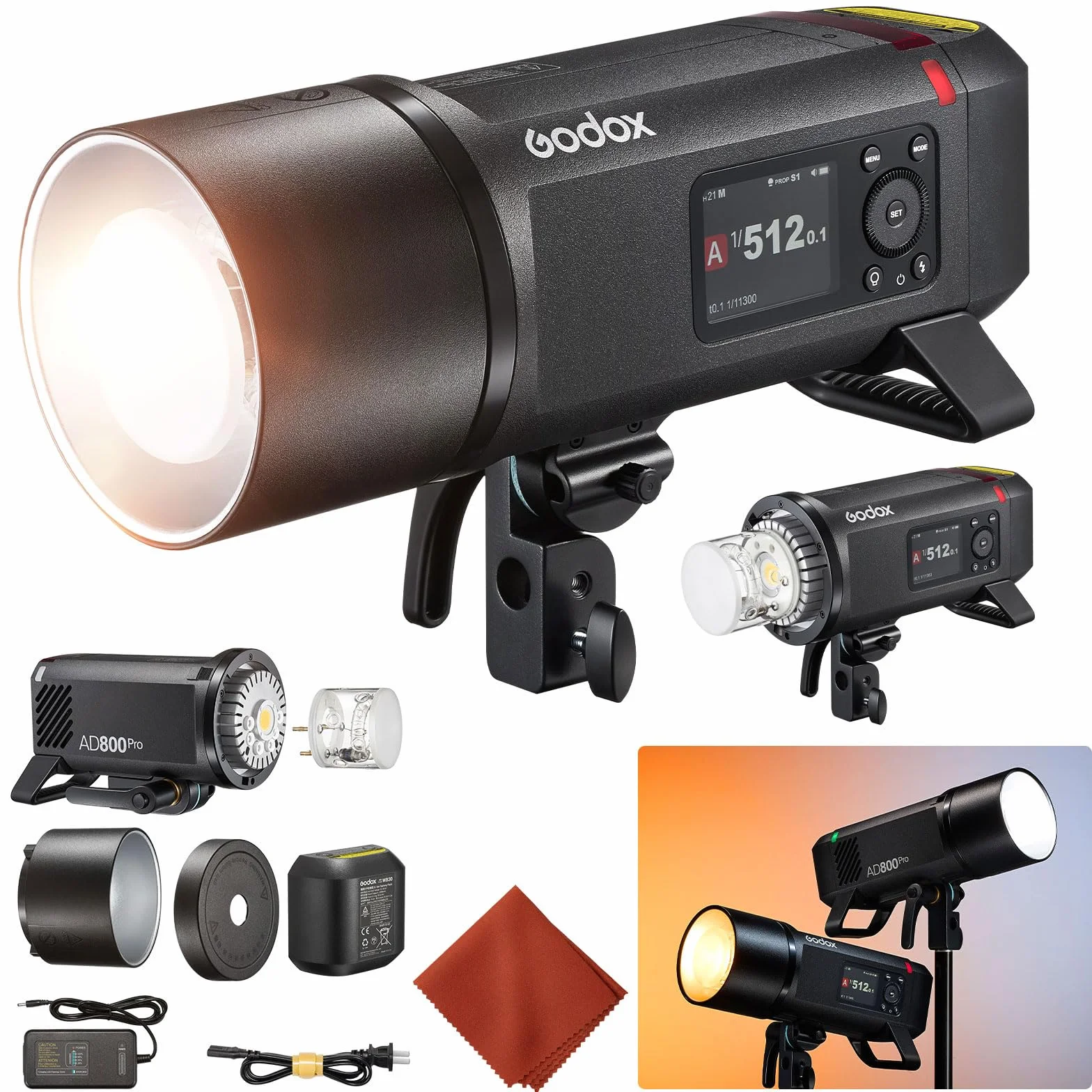 GODOX AD800Pro 800W TTL lampa błyskowa zewnętrzna, 2,4 G Wireless HSS 1/8000s, zdejmowana bateria litowa, 10-stopniowa regulacja, 40 W, podwójny tryb lampy 2800K-6000K, czas ładowania 0,01-1,5, 300