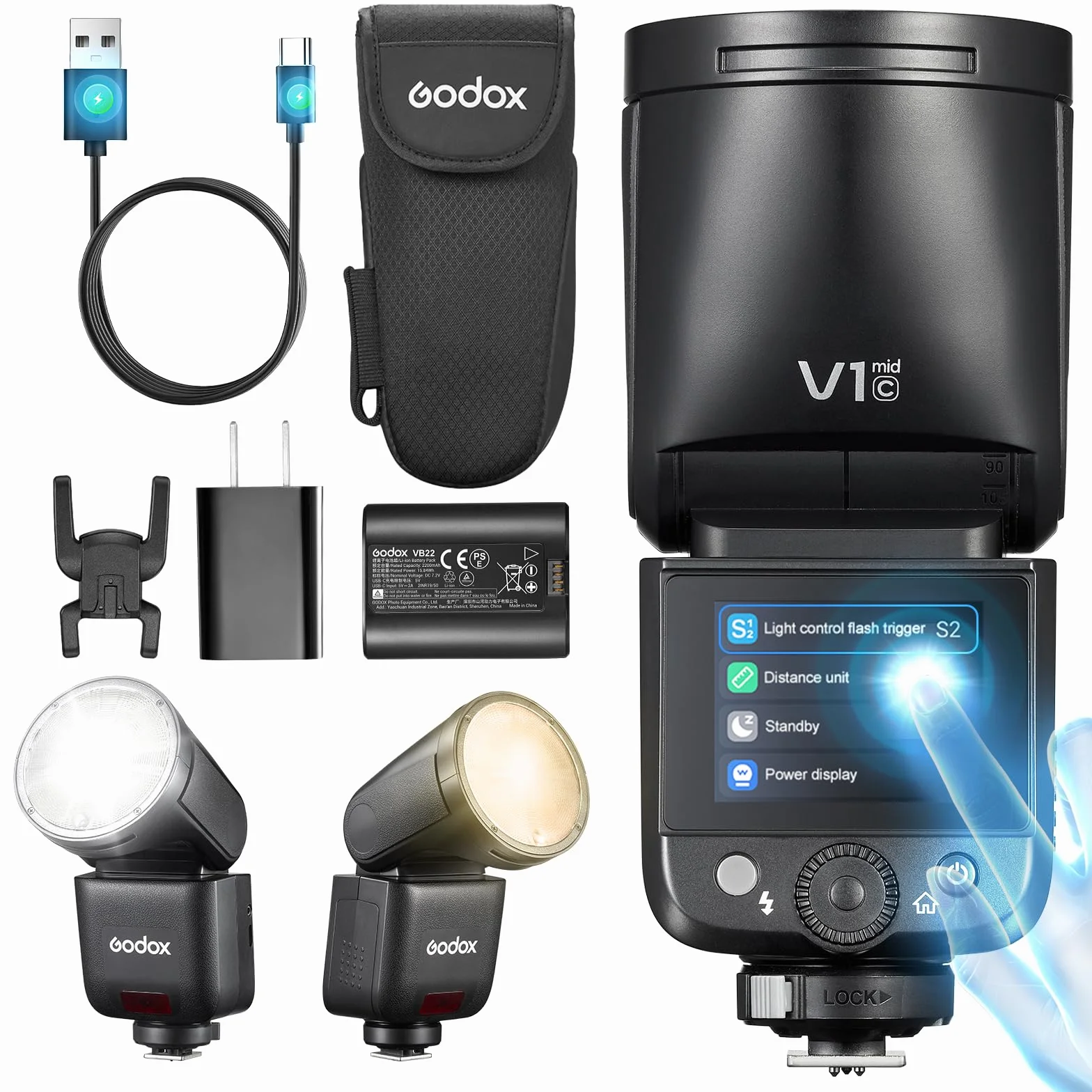 Godox V1 MID C Lampa Błyskowa do Canona, 55W Okrągła Głowica z Ekranem Dotykowym, Optyka 24mm, 650+ Błysków, Ładowanie 1.7s, TTL/HSS 1/8000s, Magnetyczny AK-R1 do EOS R5 R6II R8 R50 (V1MID C)