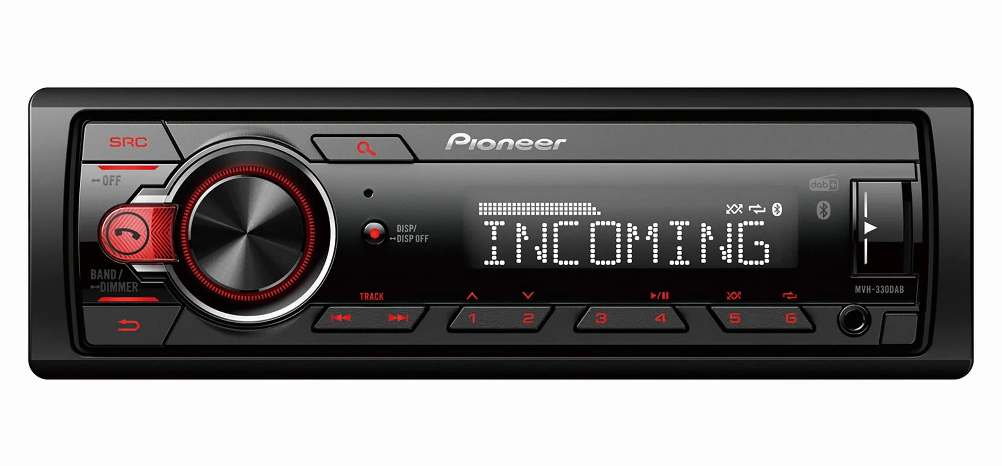 Pioneer MVH-330DAB-AN Radio samochodowe, 1DIN z RDS i DAB+, USB, wejście AUX, Bluetooth, niewielka głębokość zabudowy, w zestawie antena DAB