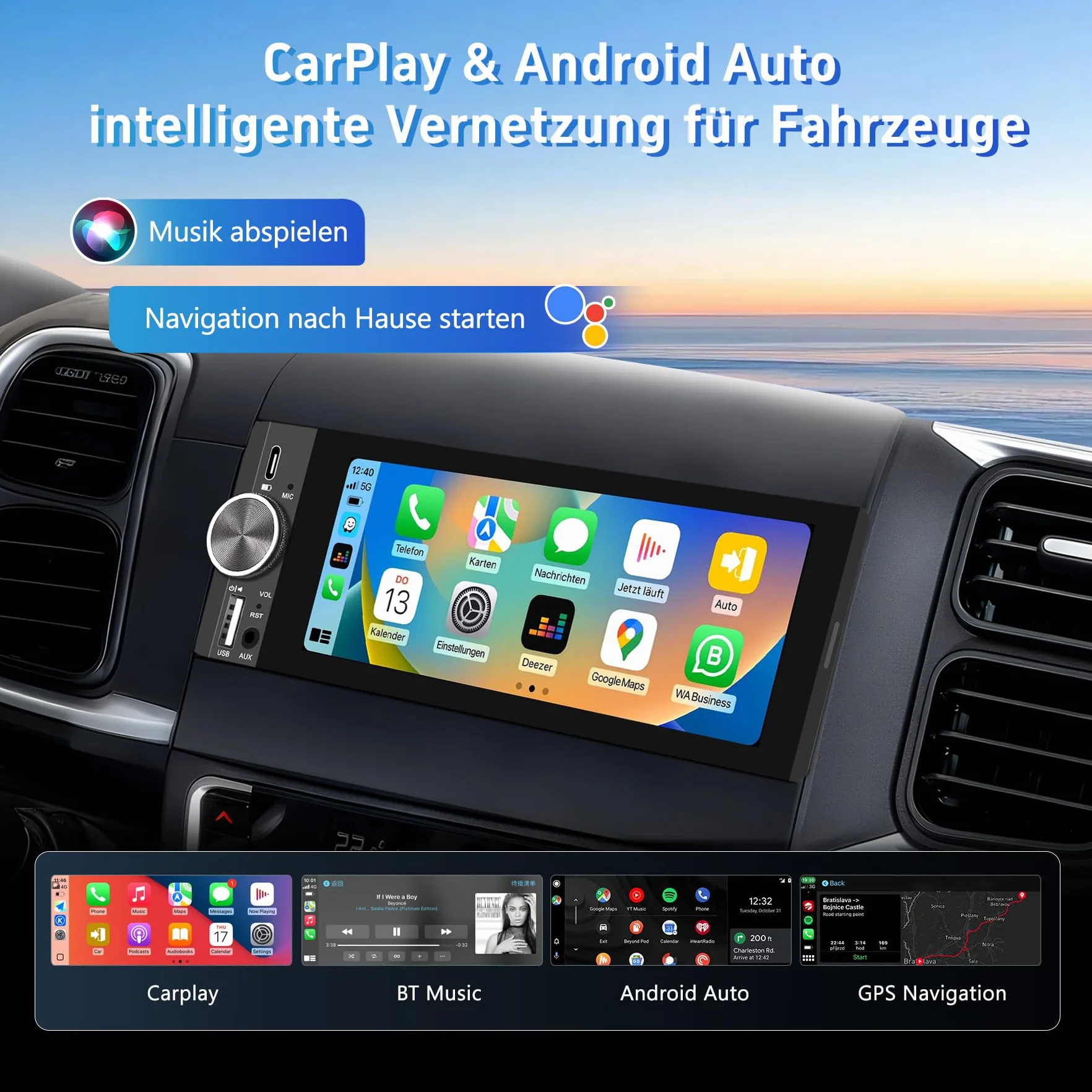 Radio samochodowe 1-DIN 6,28" ekran dotykowy z bezprzewodowym CarPlay i Android Auto, Bluetooth, WLAN, MirrorLink, FM, USB-C, korektor i złącze do kamery cofania, sterowanie kierownicą