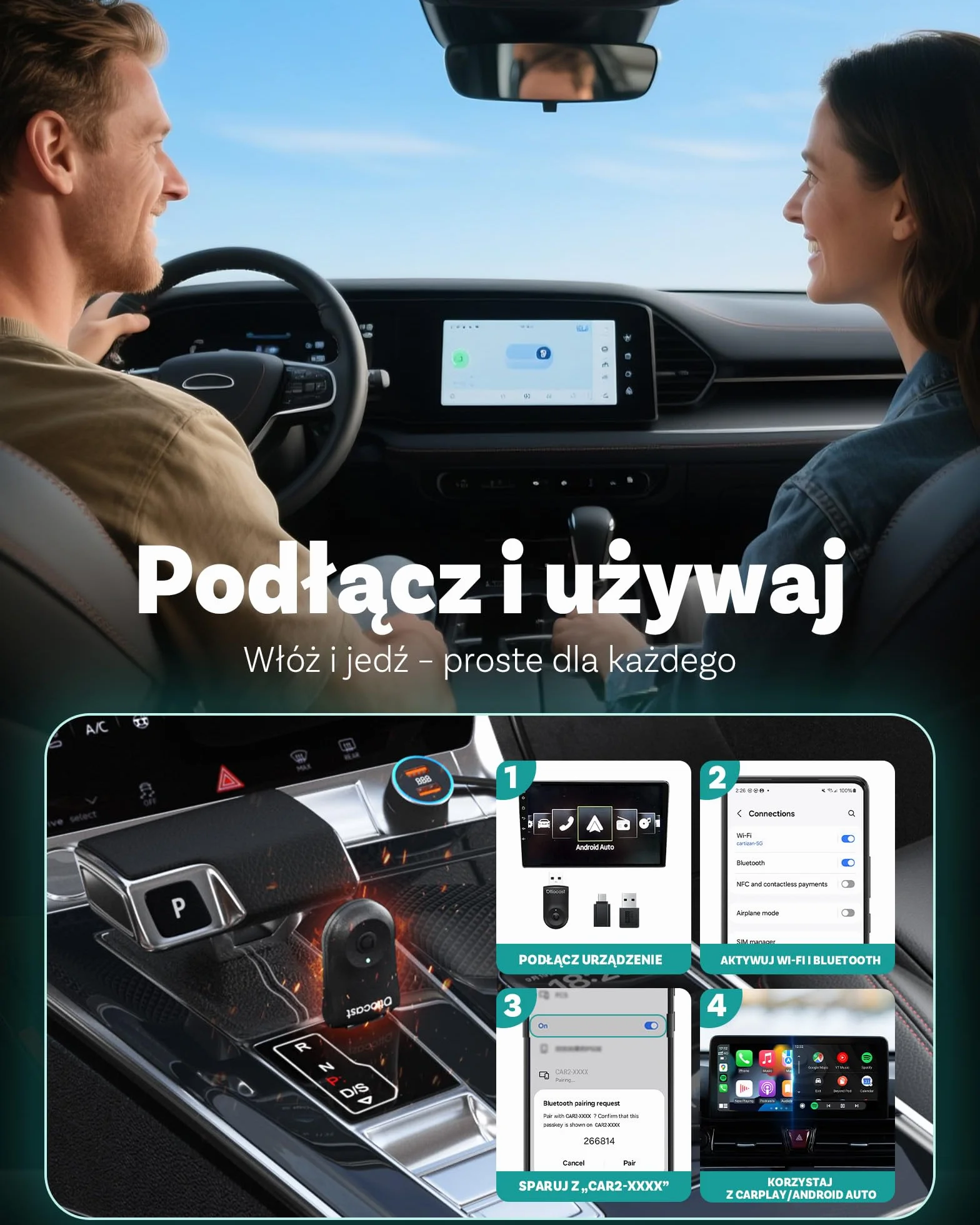 Nowość 2025 Ottocast Mini Flow – Bezprzewodowy adapter CarPlay & Android Auto, Dongle 2 w 1, Plug & Play, Ultra kompaktowy, Kompatybilny z iPhone & Android, Do aut od 2016 (Nie dla BMW/Tesla)