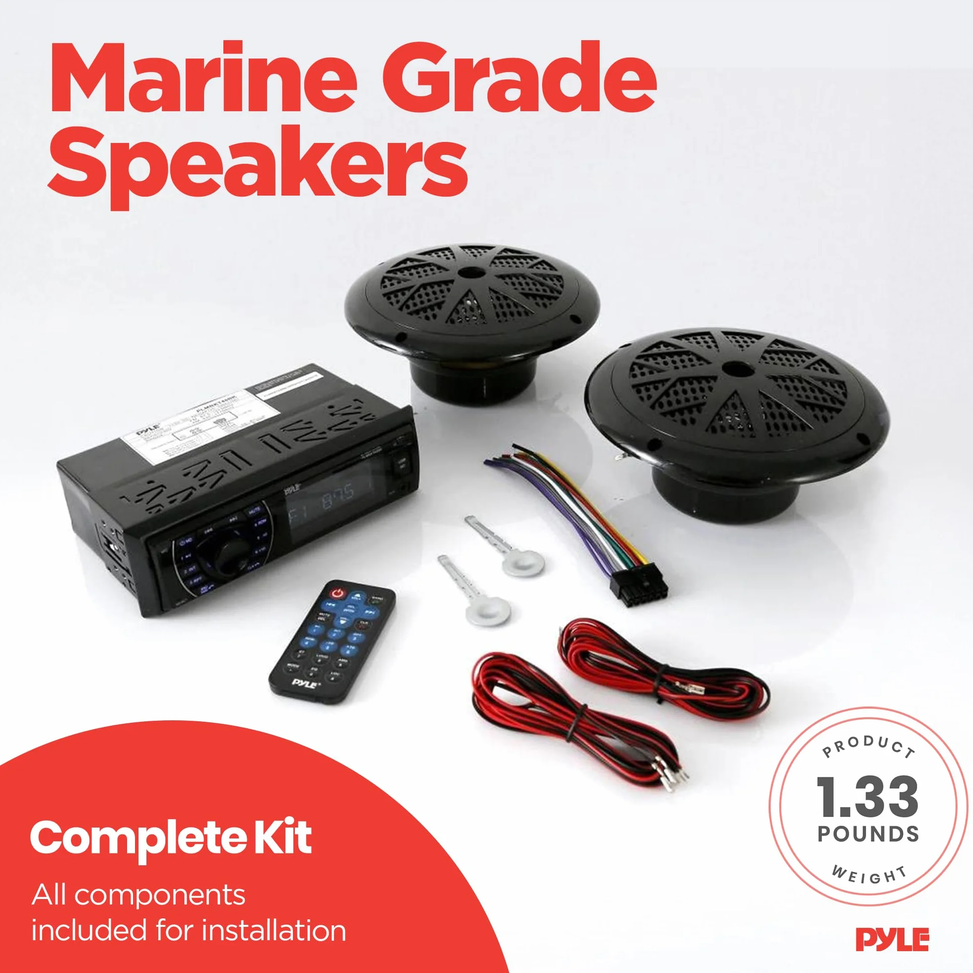 Pyle zestaw morskiego odbiornika i głośników – wbudowane cyfrowe radio stereo LCD z Bluetooth i mikrofonem, system AM/FM, 2 wodoodporne głośniki 5,25", odtwarzacz MP3/SD oraz pilot zdalnego sterowania