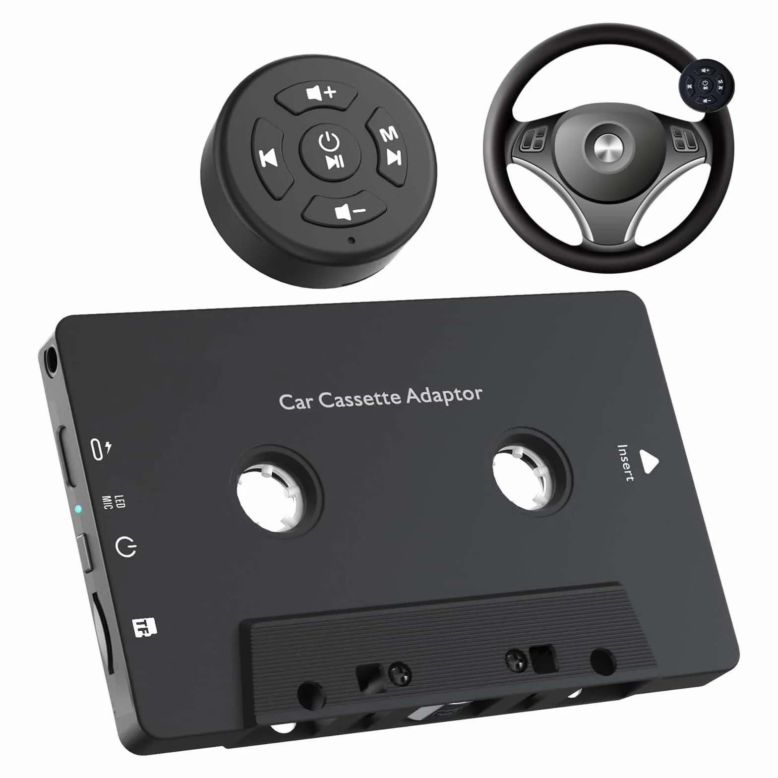 Asixxsix Car Audio Odbiornik Kasetowy Bluetooth 5.4, Bezprzewodowy Adapter Kasetowy Aux z Pilotem na Kierownicy, do Smartfonów, Tabletów, Karty MP3 TF
