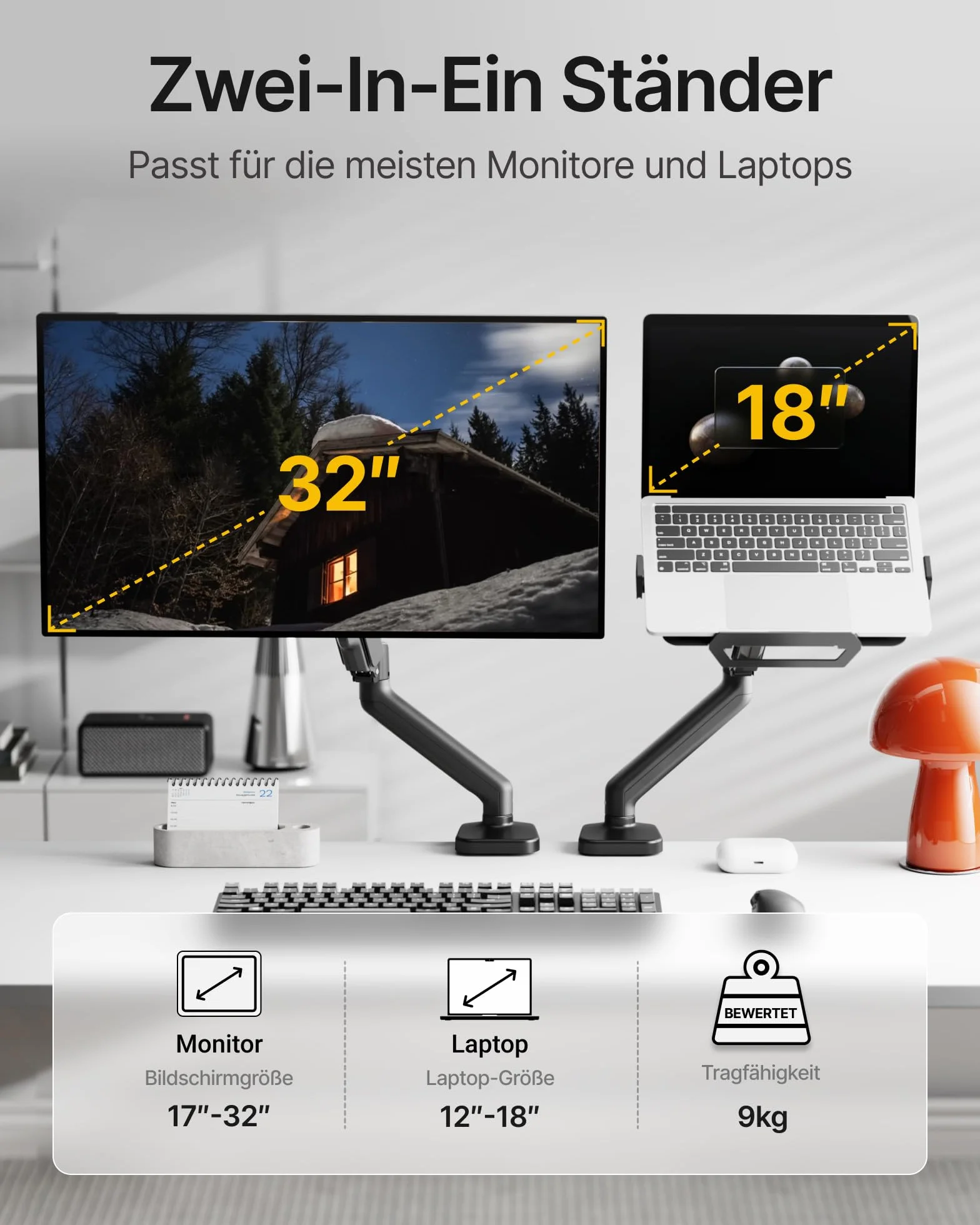 monTEK Uchwyt do Monitora i Laptopa 2 w 1, Regulowane Ramię do Monitora 17–32" i Laptopa 12–18", VESA 75x75/100x100, Mocowanie Zaciskowe lub Przelotowe, Czarny