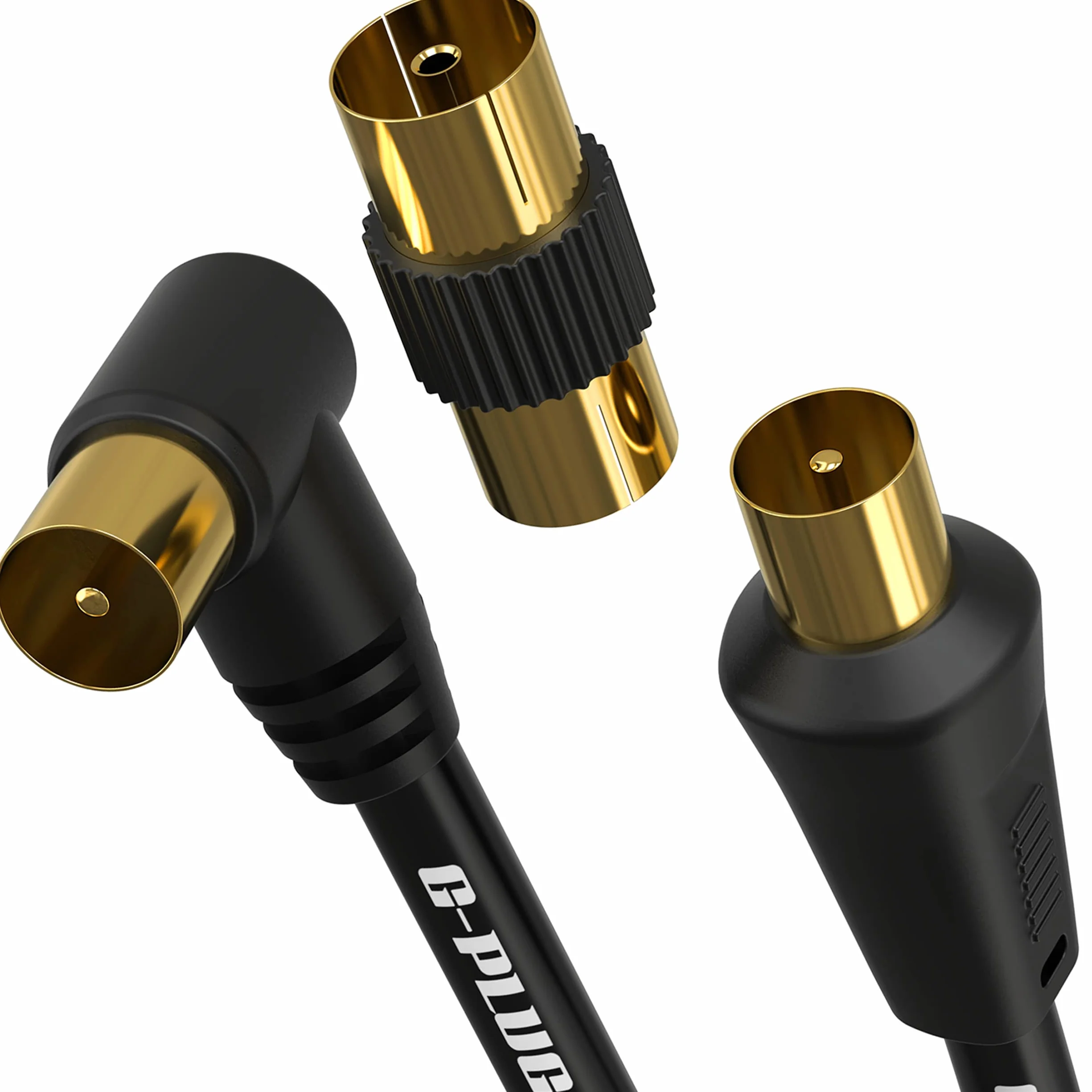 G-PLUG 1.5m kabel antenowy TV z adapterem RF i kątową wtyczką – kabel koncentryczny wtyk-wtyk, pozłacany – przedłużacz do telewizora, tunera DVB-T2, dekodera satelitarnego