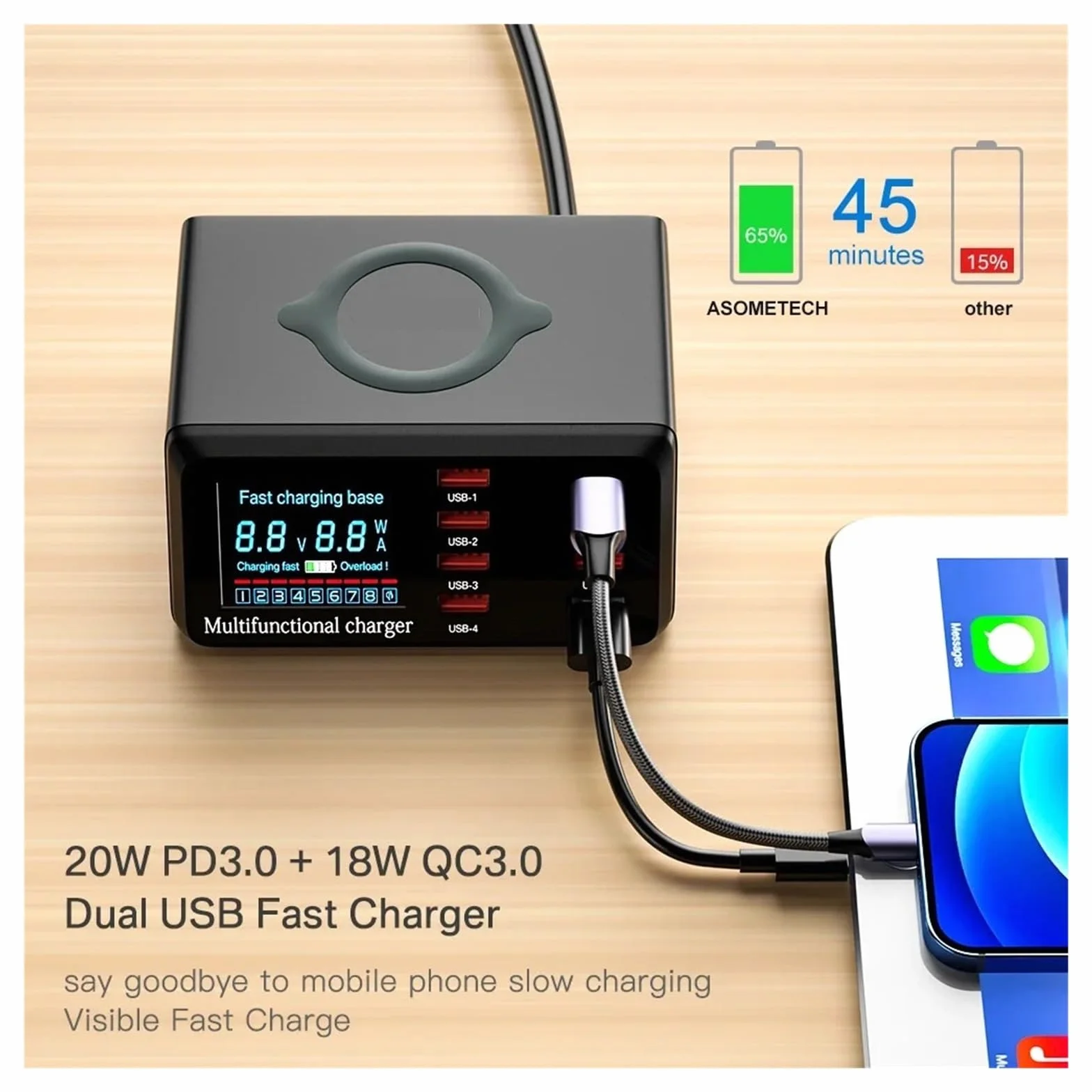 8-portowa Stacja Ładująca USB O Mocy 100 W Z Bezprzewodowym Ładowaniem Cyfrowy Wyświetlacz QC3.0 PD3. Szybkie Ładowanie MożLiwość Szybkiego łAdowania