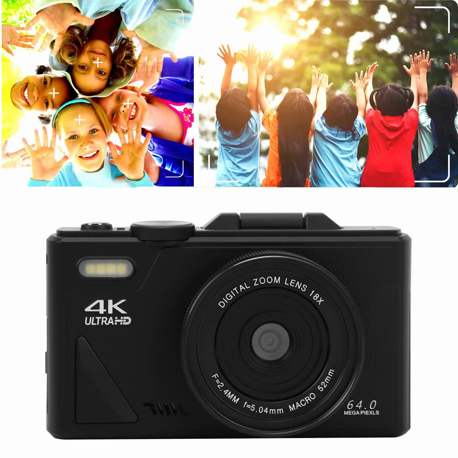 Aparat Cyfrowy 4K, Aparat Cyfrowy UHD 64 MP z Autofokusem, Kompaktowy Aparat Retro z 18-krotnym Zoomem i 3-calowym Odchylanym Ekranem do Fotografowania Vlogów (-2214240057912)