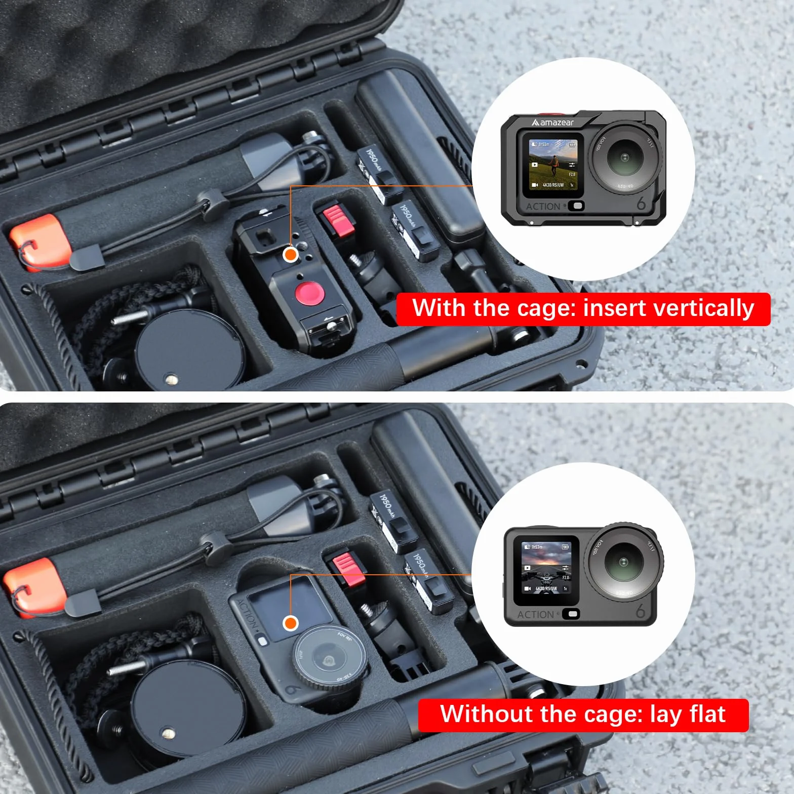 AMAZEAR Wodoodporne twarde etui do akcesoriów DJI OSMO Action 6, czarne | Dwuwarstwowe, odporne na wstrząsy, twarde etui podróżne z miękkim wnętrzem EVA, pasek na ramię w zestawie