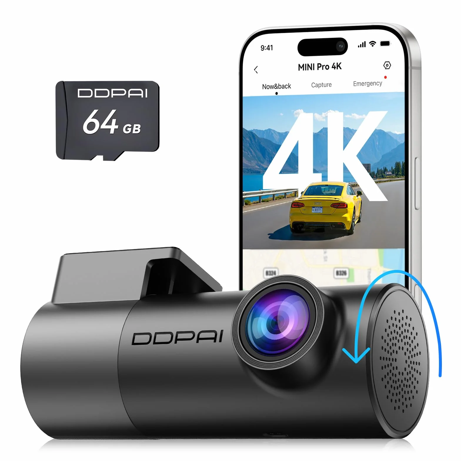 DDPAI MINI Pro 4K Kamera Samochodowa, Obrót 360°, Karta Pamięci 64 GB w Zestawie, Monitor parkowania 24h noktowizja, Wi-Fi 6 5,8 GHz, Nagrywanie w Pętli, Sterowanie Aplikacją, Superkondensator