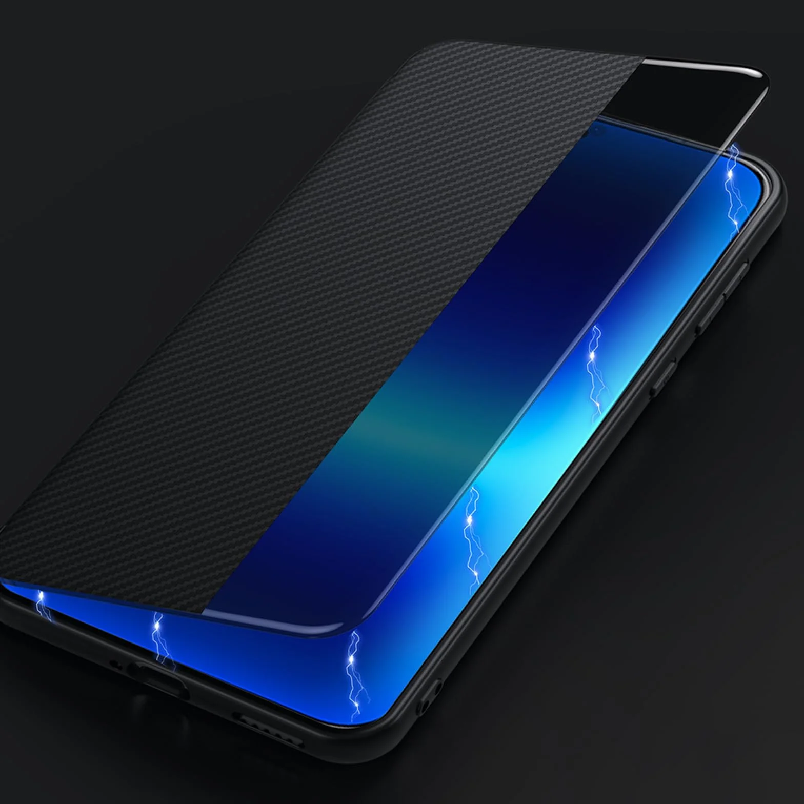 Cienkie etui do Huawei Pura 90 Pro Max / 90 Pro / 90, luksusowe, biznesowe etui z włókna węglowego, skórzane etui na telefon komórkowy, inteligentne okienko, z klapką, czarne, 90