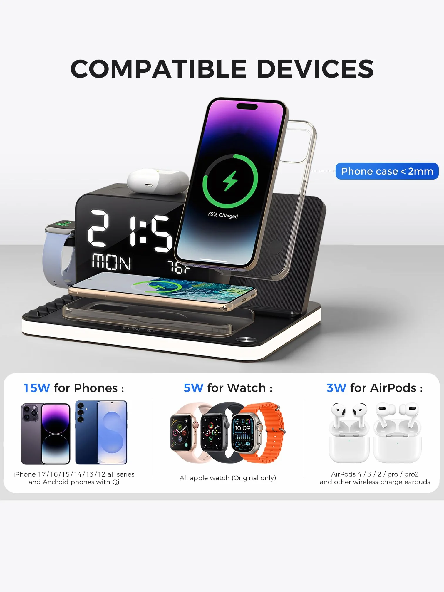 Bezprzewodowa Stacja Ładująca 7 w 1 z Zegarem, Szybka Ładowarka Indukcyjna 30W Bluetooth i Termometr, Stacja Dokująca kompatybilna z iPhone 17 16 15 14 13 12 Pro Max, Apple Watch, AirPods