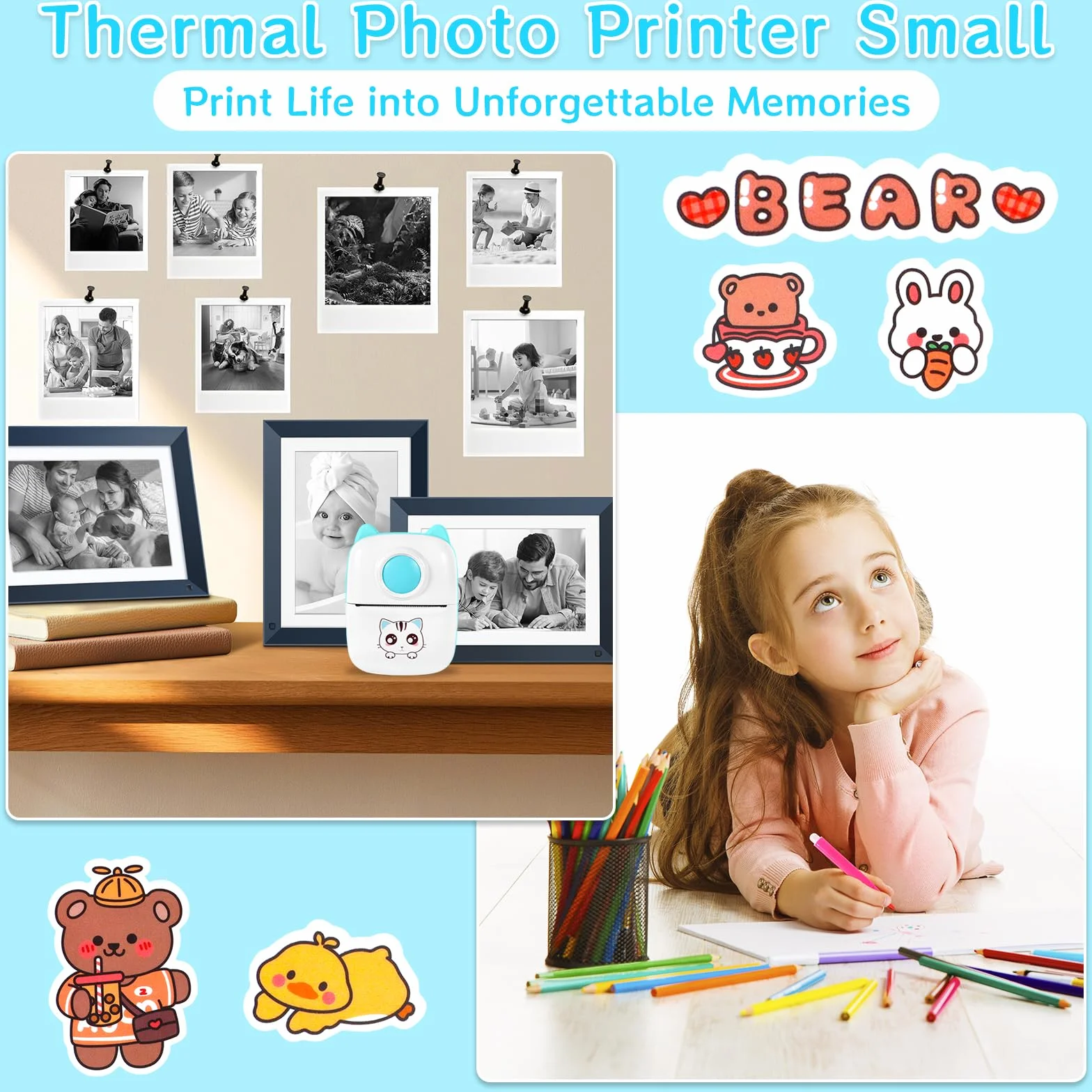 XINGGANG Mini drukarka, mobilna drukarka fotograficzna, przenośna mini drukarka fotograficzna, bezprzewodowa drukarka fotograficzna, drukarka Bluetooth, pomoc w nauce, notatki, dziennik, notatki