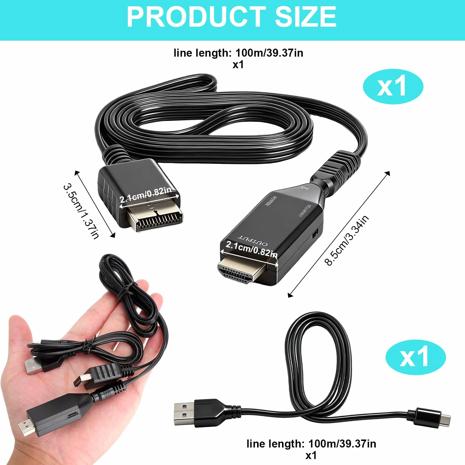 HENGBIRD Adapter PS1/PS2 na HDMI 1080P z kablem AV 1 m, 720P 1080P HD Link kabel wideo konsola audio konwerter wideo, Plug and Play, zasilanie micro USB, do TV i konsoli do gier