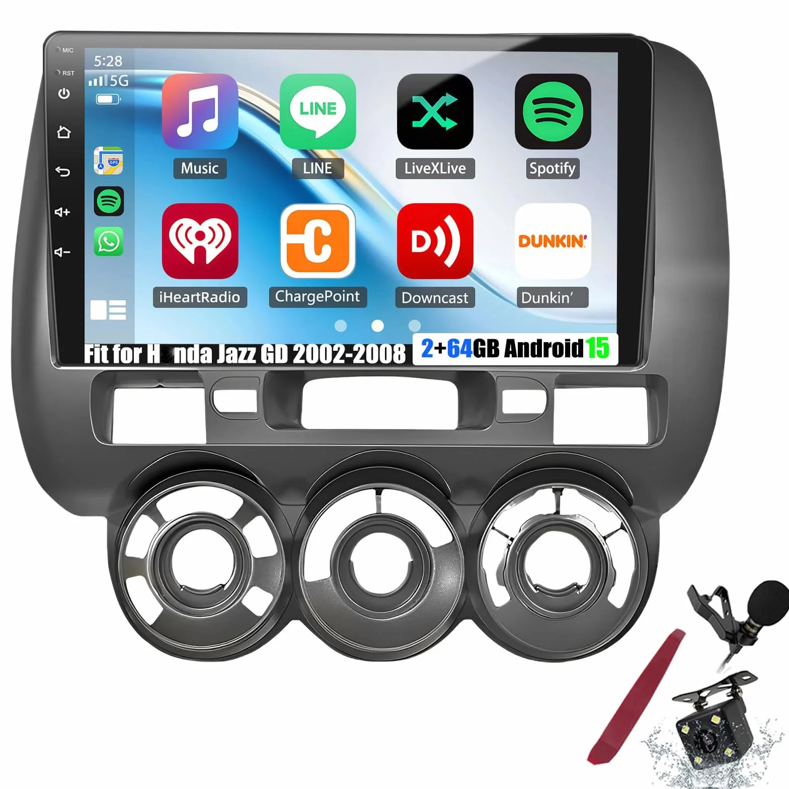 Y1,2 64G Android 15 Radio Samochodowe do H-onda Jazz GD 2002-2008, 9-calowy ekran dotykowy 2K, Bezprzewodowy CarPlay i Android Auto, Nawigacja GPS, Bluetooth, FM RDS, SWC, Mikrofon, Kamera Cofania