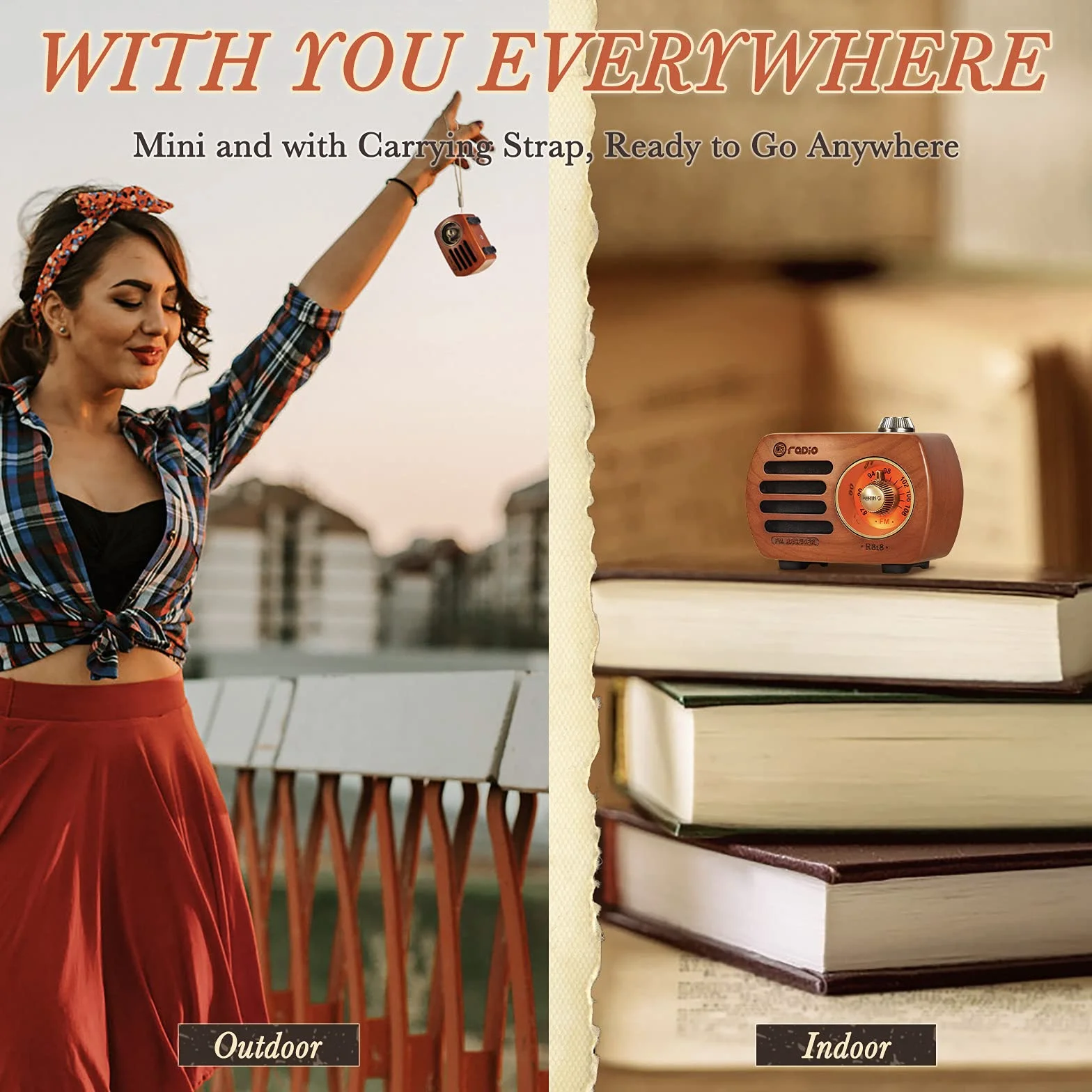 PRUNUS R-818 drewniane radio retro z głośnikiem Bluetooth, przenośne FM FM, małe ładowanie, głośnik basowy o doskonałej jakości basów, obsługuje wejście AUX (drewno wiśniowe)