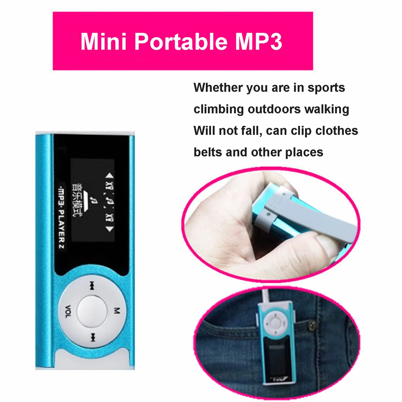 Przenośny sportowy odtwarzacz MP3, latarka mini Back Clip Student, z zestawem słuchawkowym i kartą pamięci,Pink,64GB