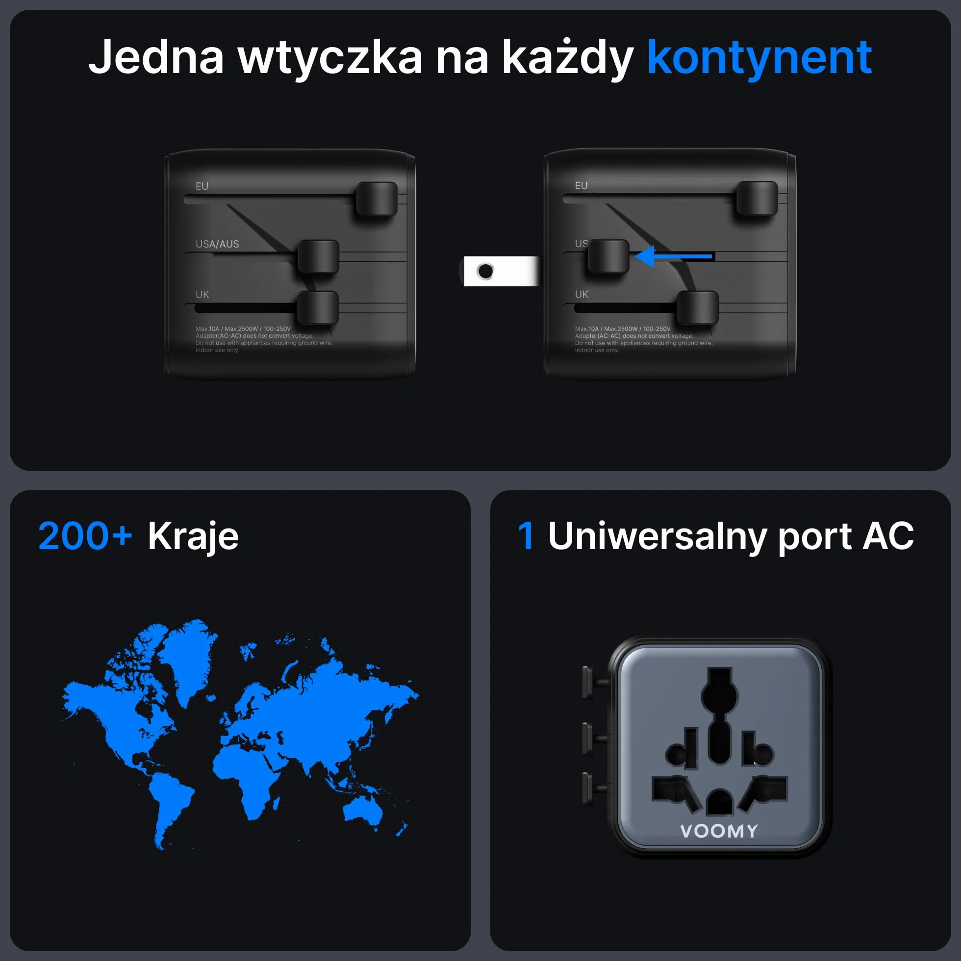 Voomy Uniwersalny Adapter Podróżny – 200+ Krajów w tym UK, USA, Japonia, Tajlandia & Australia, 2500W Ochrona Przeciwprzepięciowa, Kompaktowy Design