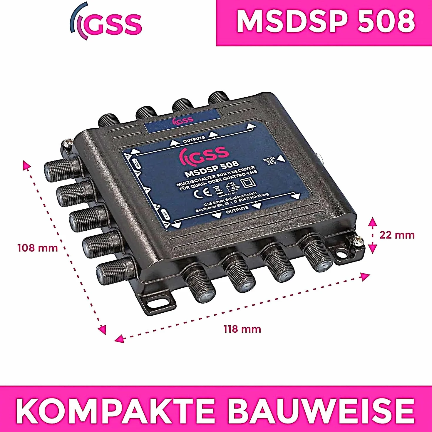 GSS Multiprzełącznik 5/8 z zasilaczem - 8 uczestników 1 satelita, matryca, multiswitch do anteny satelitarnej, cyfrowy HDTV 4K 8K, telewizor, zestaw satelitarny, odbiornik - rozdzielacz satelitarny,