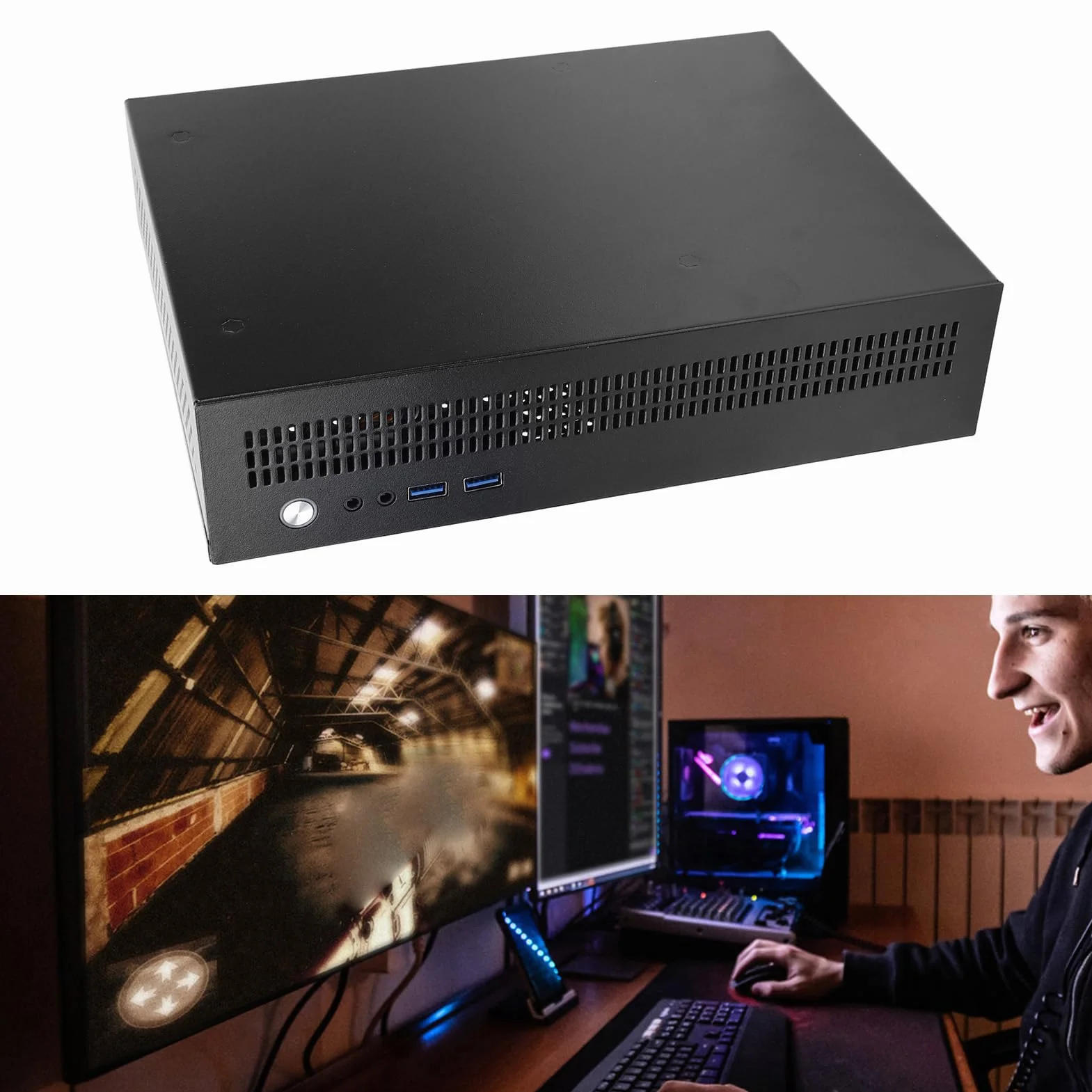 Generic Obudowa Komputera ITX Profesjonalna, Kompaktowa Obudowa z Pełnej Płyty Stalowej na Akcesoria do Komputerów Stacjonarnych, Doskonałe Odprowadzanie Ciepła, Porty USB 3.0 i Obsługa Dysków SSD