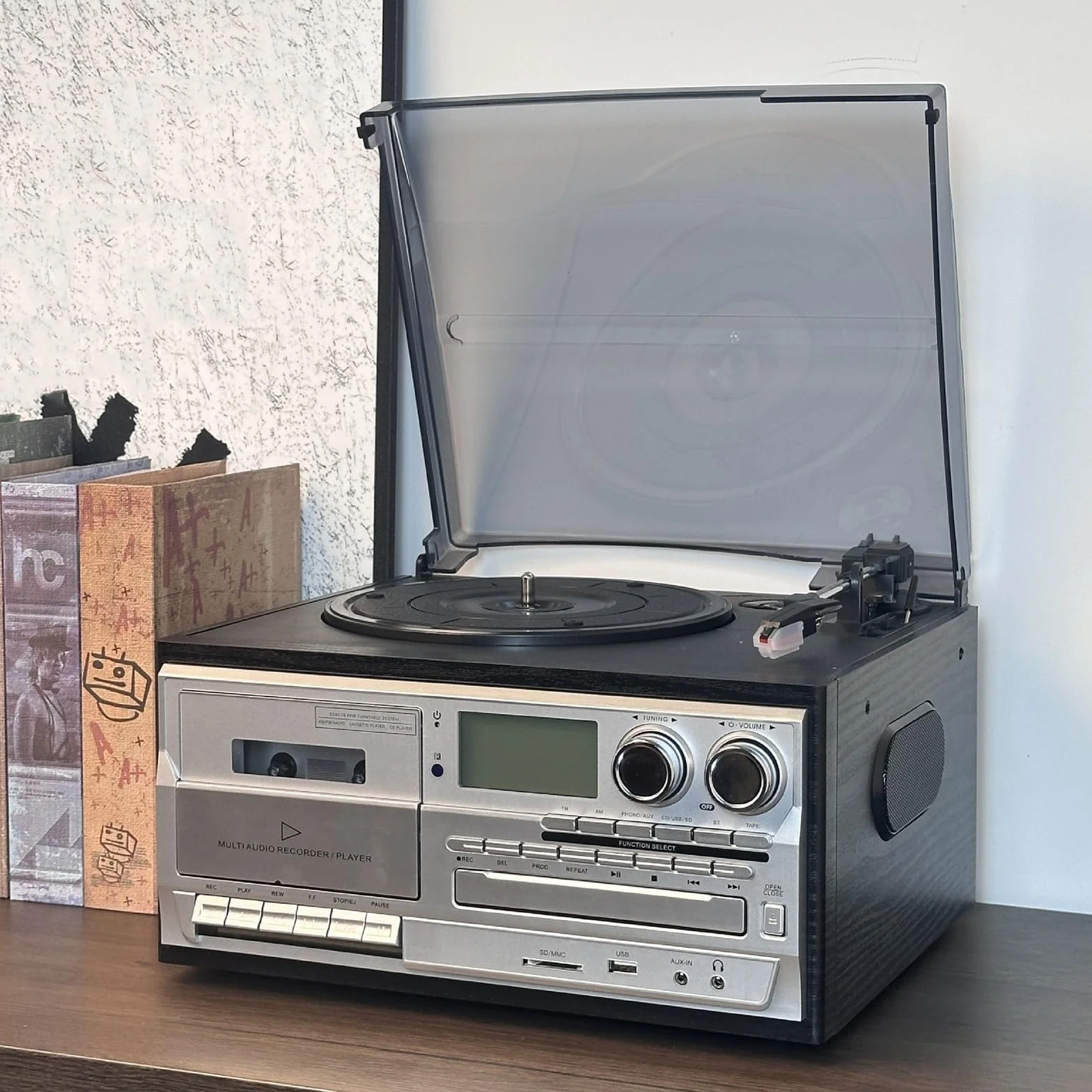 Odtwarzacz płyt winylowych 10 w 1 Bluetooth, gramofon kasetowy CD, 33/45/78 obr./min, wbudowane głośniki, panel sterowania do domowej rozrywki