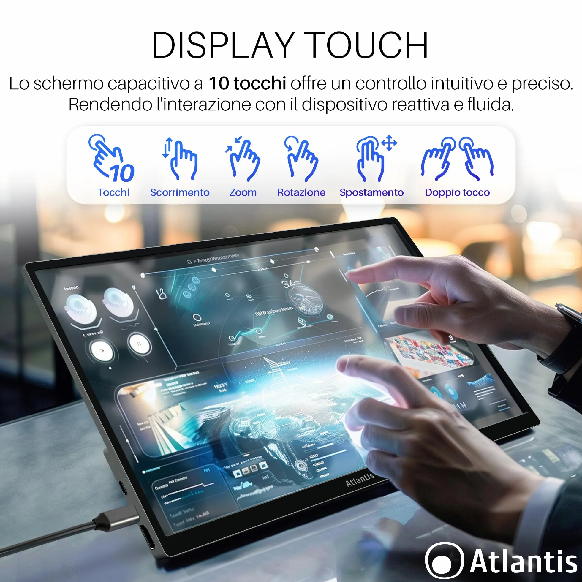 ATLANTIS 16-calowy ekran dotykowy 1080P Full HD 1920 x 1080, HDMI/Type_C, głośnik 2 x 1 W, regulowane nachylenie, ekran IPS, do laptopa/konsoli 170/170, kabel HDMI 1,5