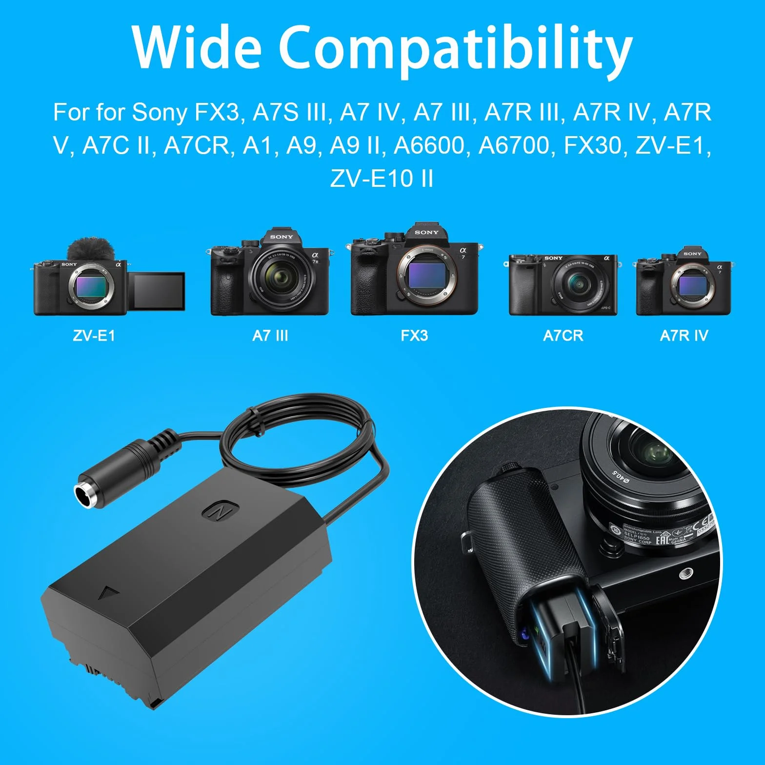 NP-FZ100 Dummy adapter akumulatorowy do Sony FX3/A7S III/A7 IV/A7R V/A1/A9 II/FX30/A6700/ZV-E1/ZV-E10 II – zasilacz do ciągłego zasilania do streamingu studyjnego na żywo i nagrań długoterminowych
