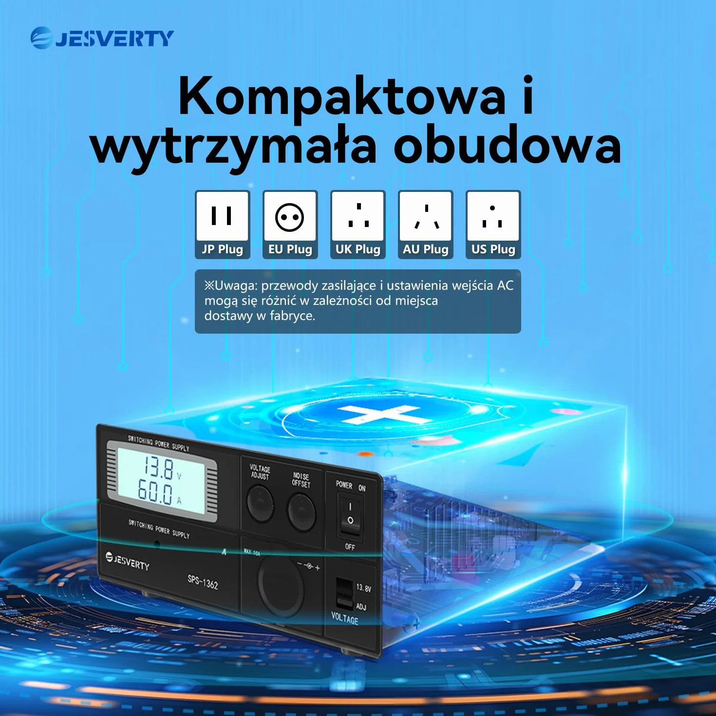 Uniwersalny kompaktowy zasilacz laboratoryjny-Convertidor de CA a CC de 60A, salida ajustable de 9 a 15V (fija conmutable de 13,8V),conectores Anderson,compensación de ruido, USB-C Jesverty SPS-1362