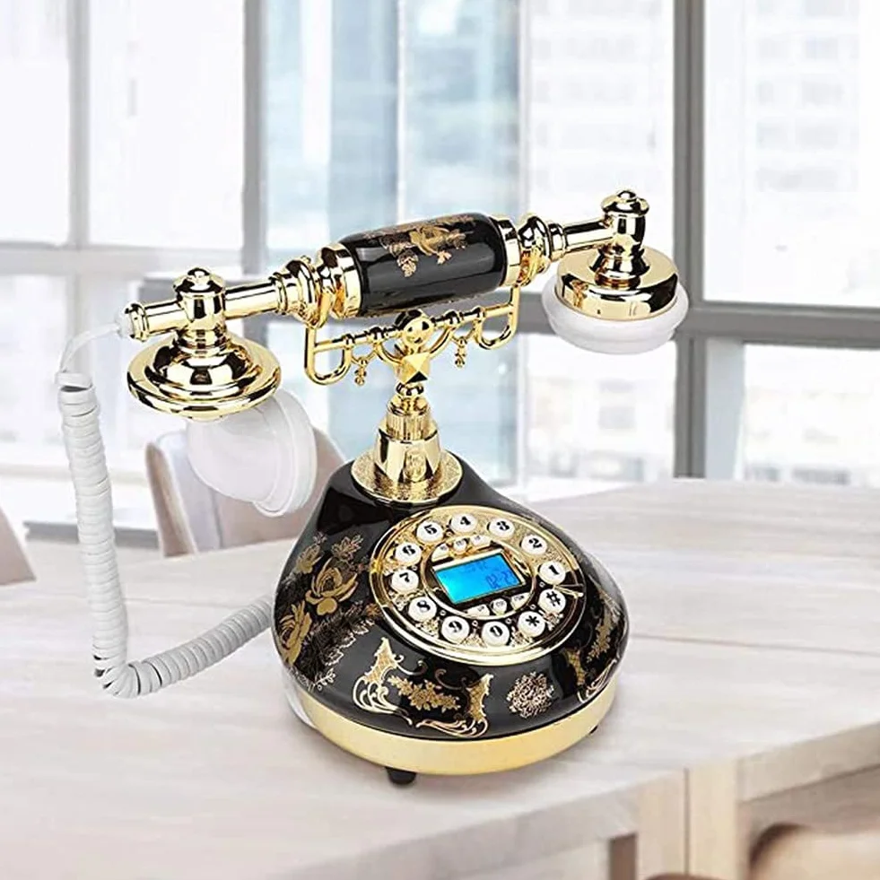 Vintage Retro Telefon Ceramiczny, Czarny i Złoty Kwiatowy Design Antyczna Dekoracja Domu Telefon Biurowy