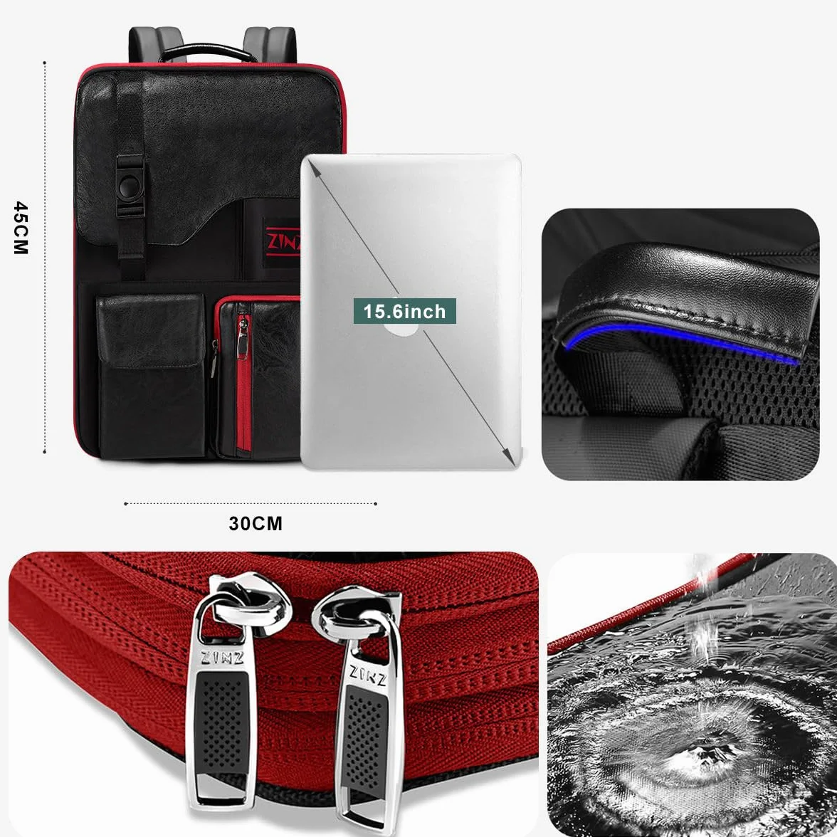 ZINZ Slim & Expandable 15 15.6 16 Inch Laptop Backpack for Business, Wodoodporny, antykradzieżowy plecak podróżny dla mężczyzn i kobiet,Czarny Czerwony