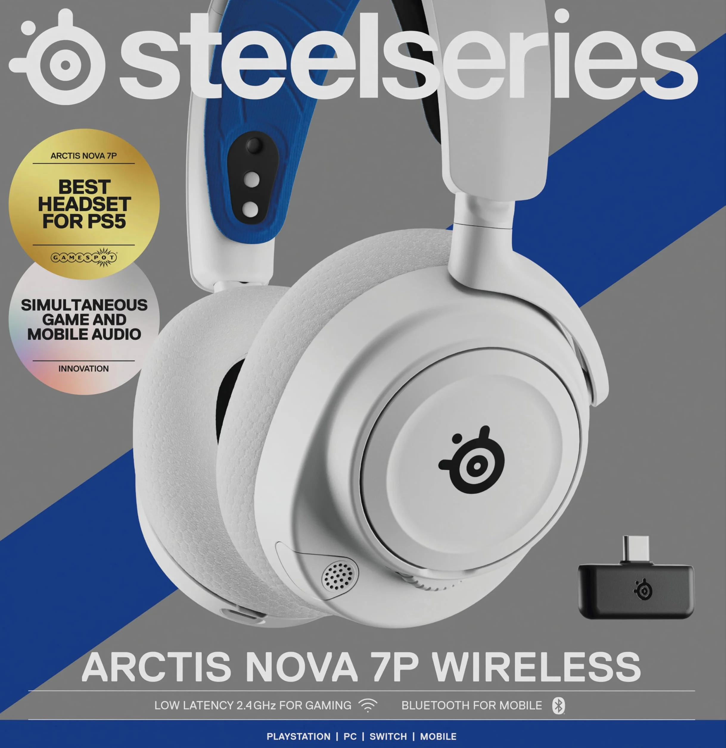 SteelSeries Arctis Nova 7P Wireless — Wieloplatformowy zestaw słuchawkowy do gier i urządzeń mobilnych — 38 godzin pracy na baterii — USB-C — Wysuwany mikrofon — PlayStation, PC, VR, Switch