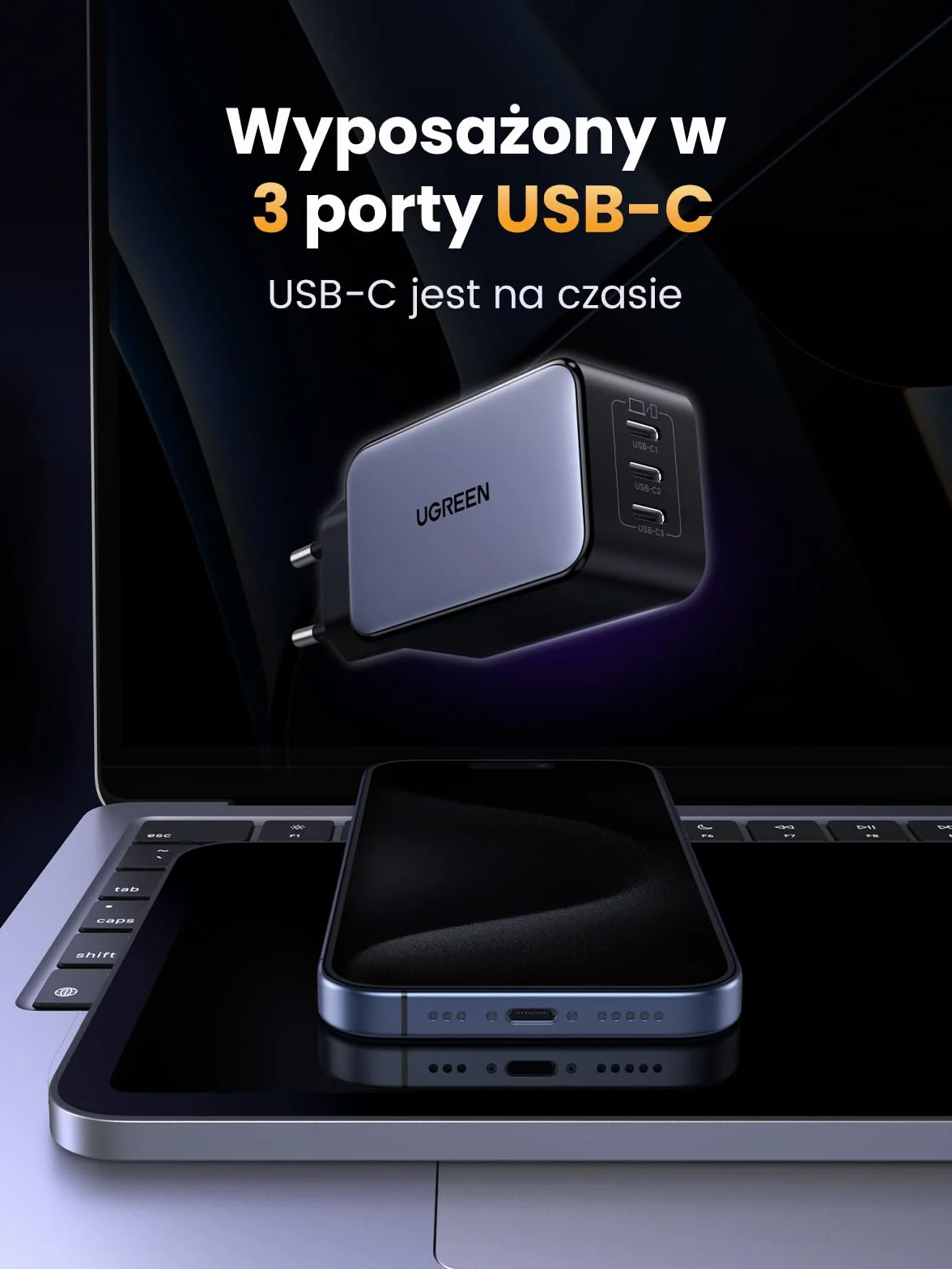 UGREEN Nexode Ładowarka 65 W USB-C z 3 portami USB-C, ładowarka do laptopa | Zasilacz GaN, kompaktowa szybka ładowarka PPS, kompatybilna z MacBookiem Pro, iPhone'em 17 Air, 16, Galaxy S25 Ultra