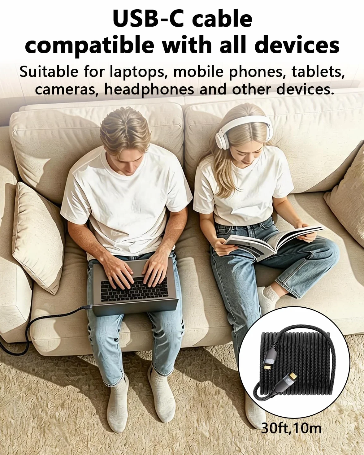 Bardzo długi kabel USB C na USBC, transmisja danych 5 Gb/s, szybkie ładowanie typu 60 W, PD 3.1, wyjście wideo 4K/60 Hz, czarny, pleciony design, uniwersalny do laptopa, stacji dokującej