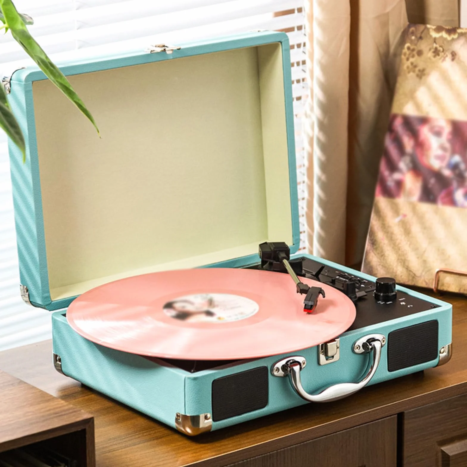 Gramofon walizkowy w stylu retro, gramofon stereo 33/45/78 obr./min, kompatybilny z płytami winylowymi i filmowymi, kompaktowy i przenośny, obsługuje płyty 7-calowe, 10-calowe i 12-calowe