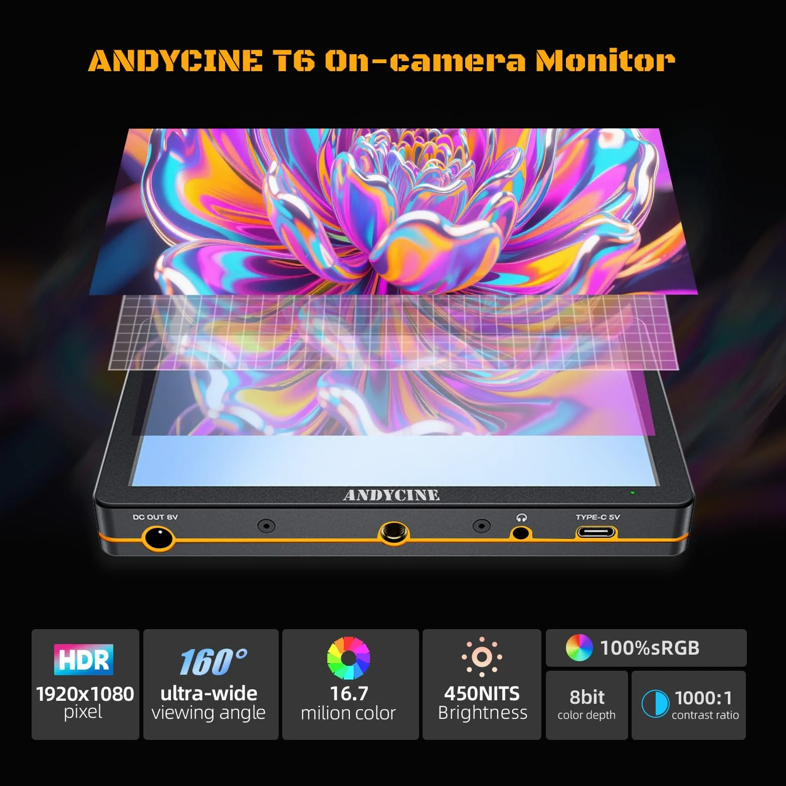 ANDYCINE T6 monitor kamery 6", 4K 60 Hz HDMI, aluminiowa obudowa HDR 1920 x 1080 IPS z akumulatorem 2200 mAh i torbą do przenoszenia, Wave Form 3D LUT, Video Peaking, asystent ostrości do nagrywania