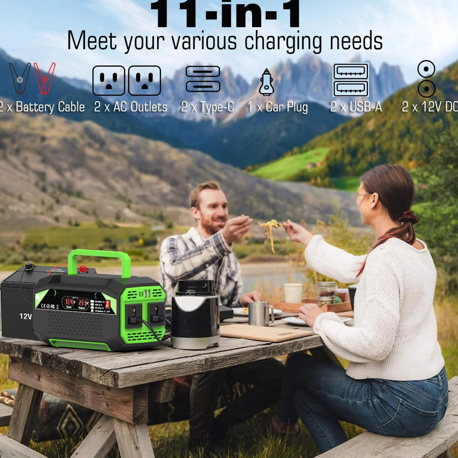 Drfeify Inwerter Samochodowy, Konwerter Zasilania Pojazdu z falą sinusoidalną modyfikowaną ABS 12 V na 220 V 500 W z Wyświetlaczem LCD, 2 Gniazda 2 Porty USB Szybkie Porty ładowania do Podróżowania na