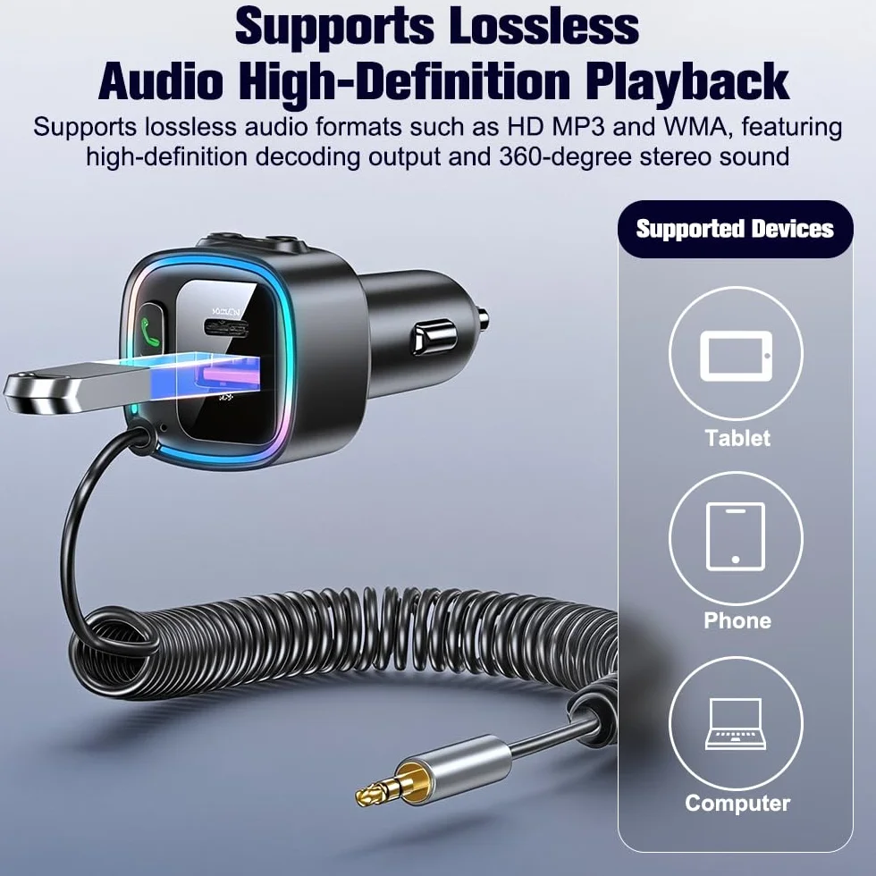 Aux Bluetooth Auto 5.4 adapter samochodowy Bluetooth Bluetooth z gniazdem AUX 3,5 mm, ładowarka samochodowa 42 W, szybkie ładowanie PD 30 W i QC 12 W, kabel sprężynowy 90 cm