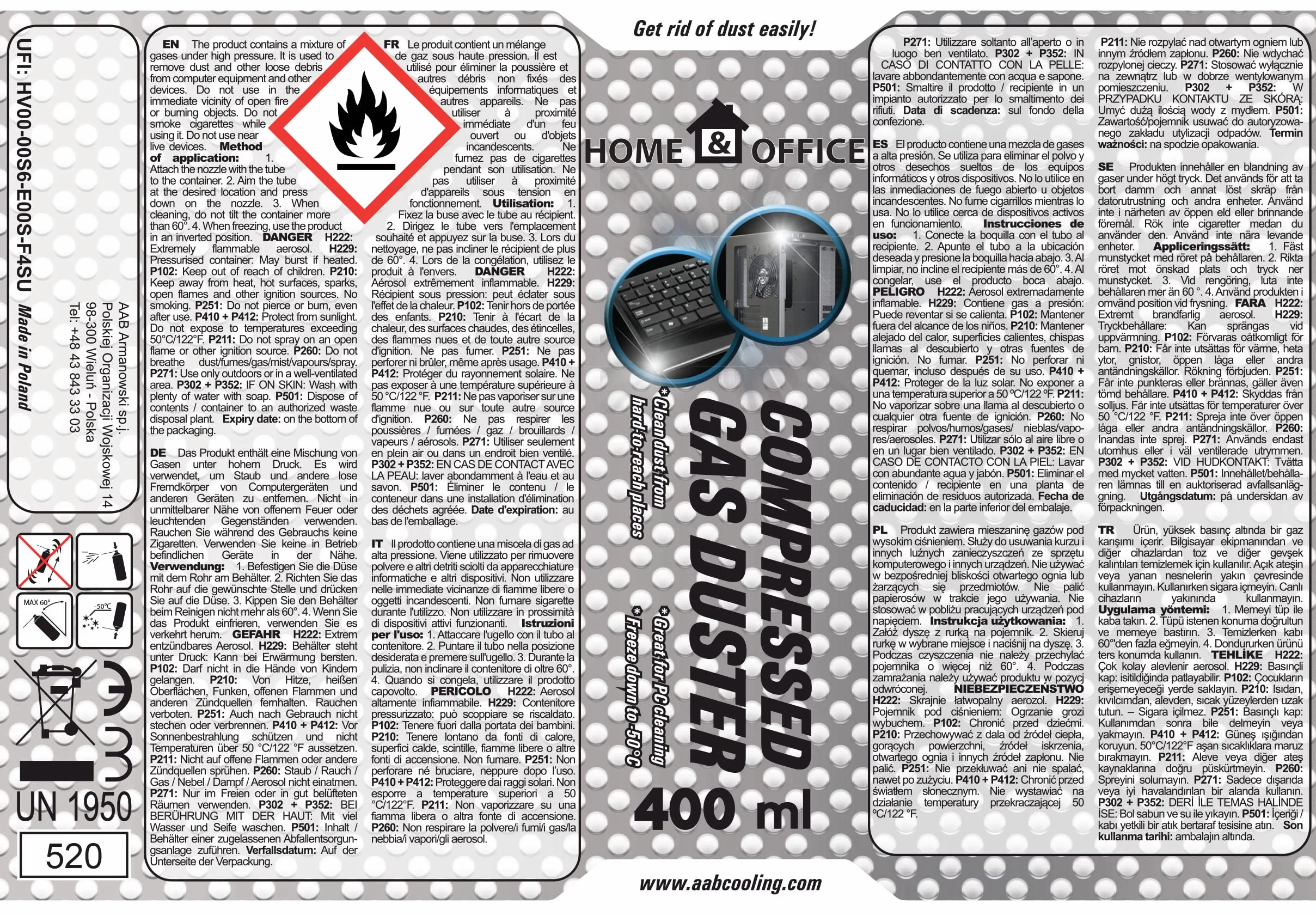 AABCOOLING 24 x 400 ml Home&Office Compressed Gas Duster - Sprężony Gaz, Puszka, Spray do Czyszczenia Komputera, Klawiatury, Laptopa, Sprężone Powietrze do Wyposażenia Komputerowego