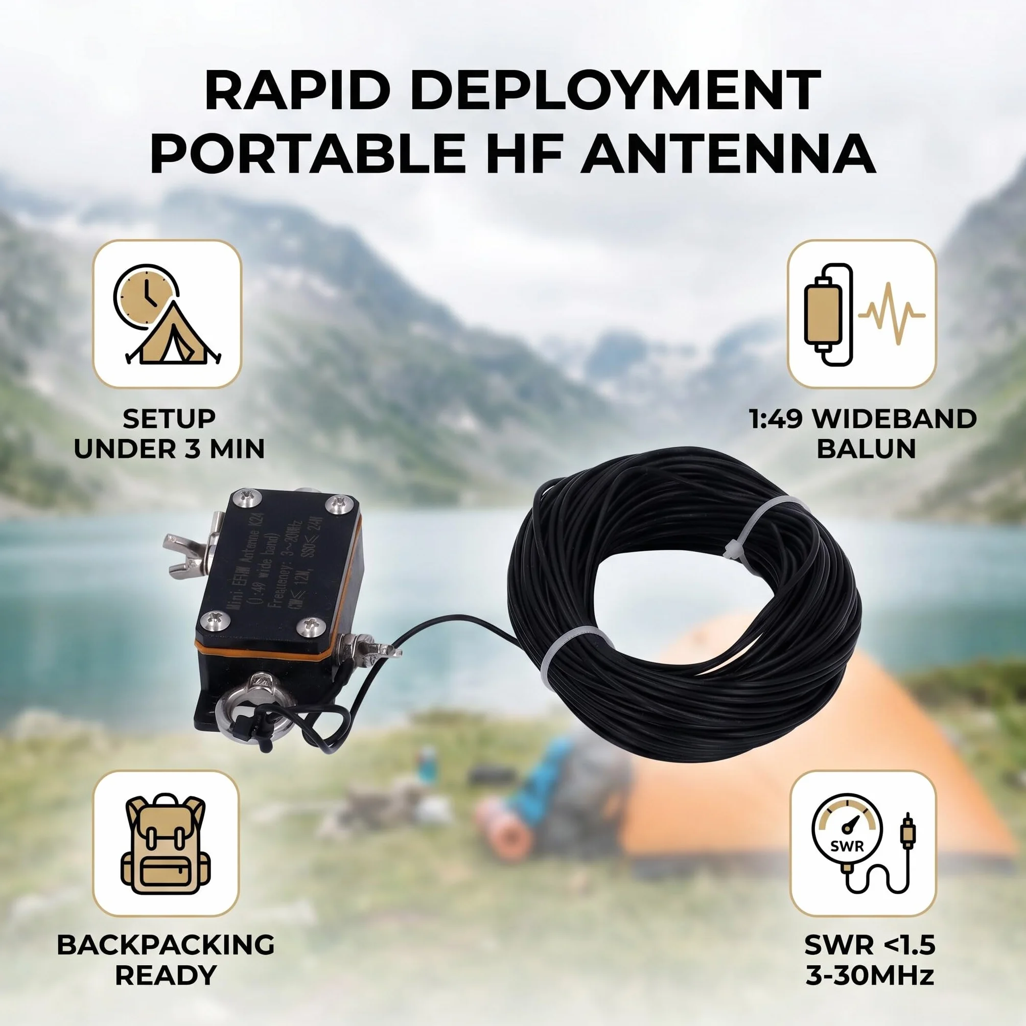 Antena Mini EFHW, Antena Krótkofalowa, Balun 1:49, 3‑30 MHz, Kompaktowy, Standardowy Interfejs, Antena Półfalowa z Zasilaniem Końcowym