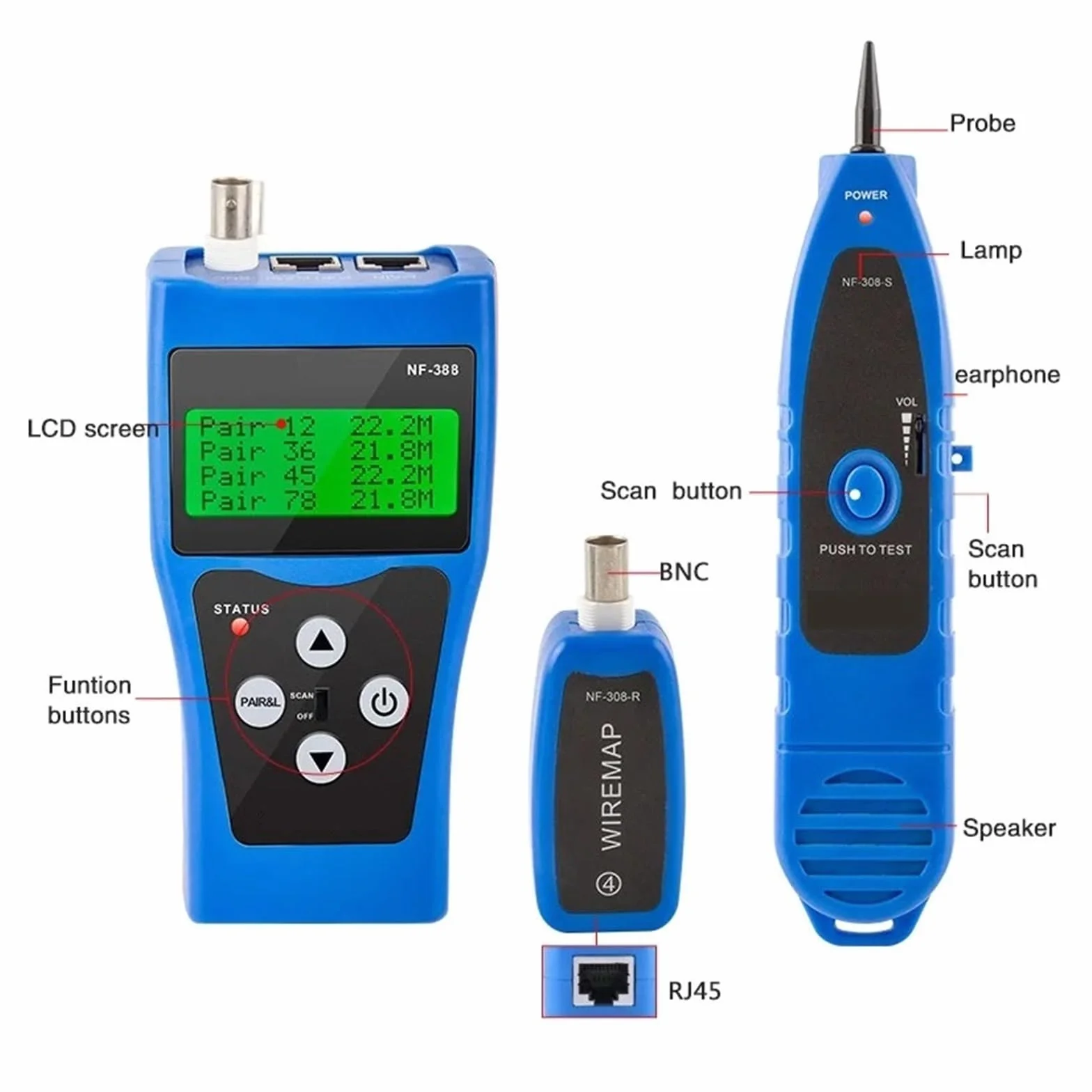 NF-388 Uniwersalny Tester Kabli Telefonicznych Sieci LAN 8 Zdalnych Gniazd Testowych Hunt 5E 6E Lokalizator Przewodów Zmierz Długość Kabla Lekki I PrzenośNy