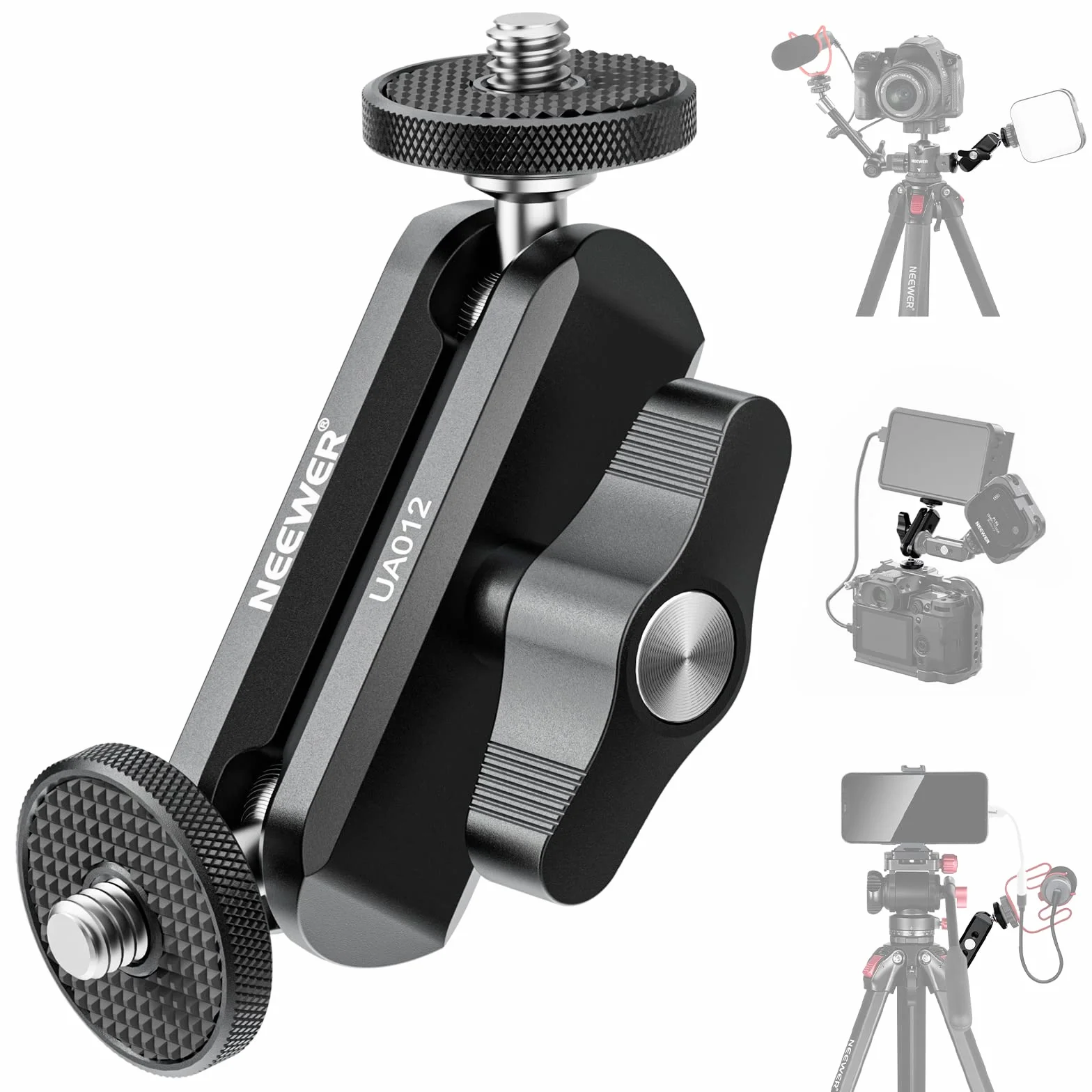 NEEWER Elastyczne przegubowe magiczne ramię z podwójnymi głowicami kulowymi, obrabiany CNC stop aluminium ze śrubami i otworami 1/4 cala do monitora aparatu, światło LED, mikrofon, statyw