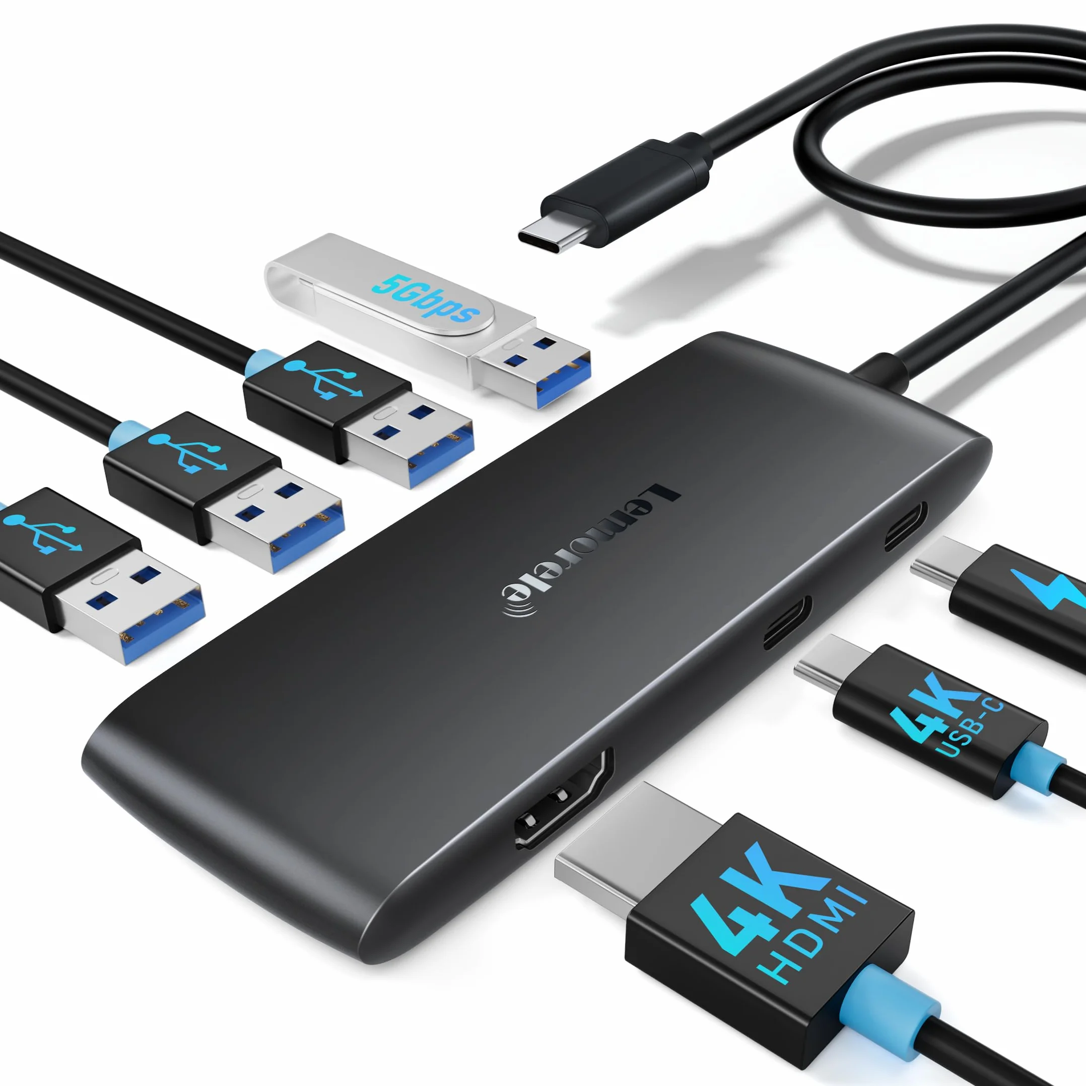 Lemorele Stacja dokująca USB-C z podwójnym monitorem, koncentrator 7 w 1 z podwójnym 4K przy 60 Hz (HDMI + USB-C DP Alt Mode), obsługuje okulary AR / monitor przenośny, 100 W PD, 3× USB 3.0/2.0 do