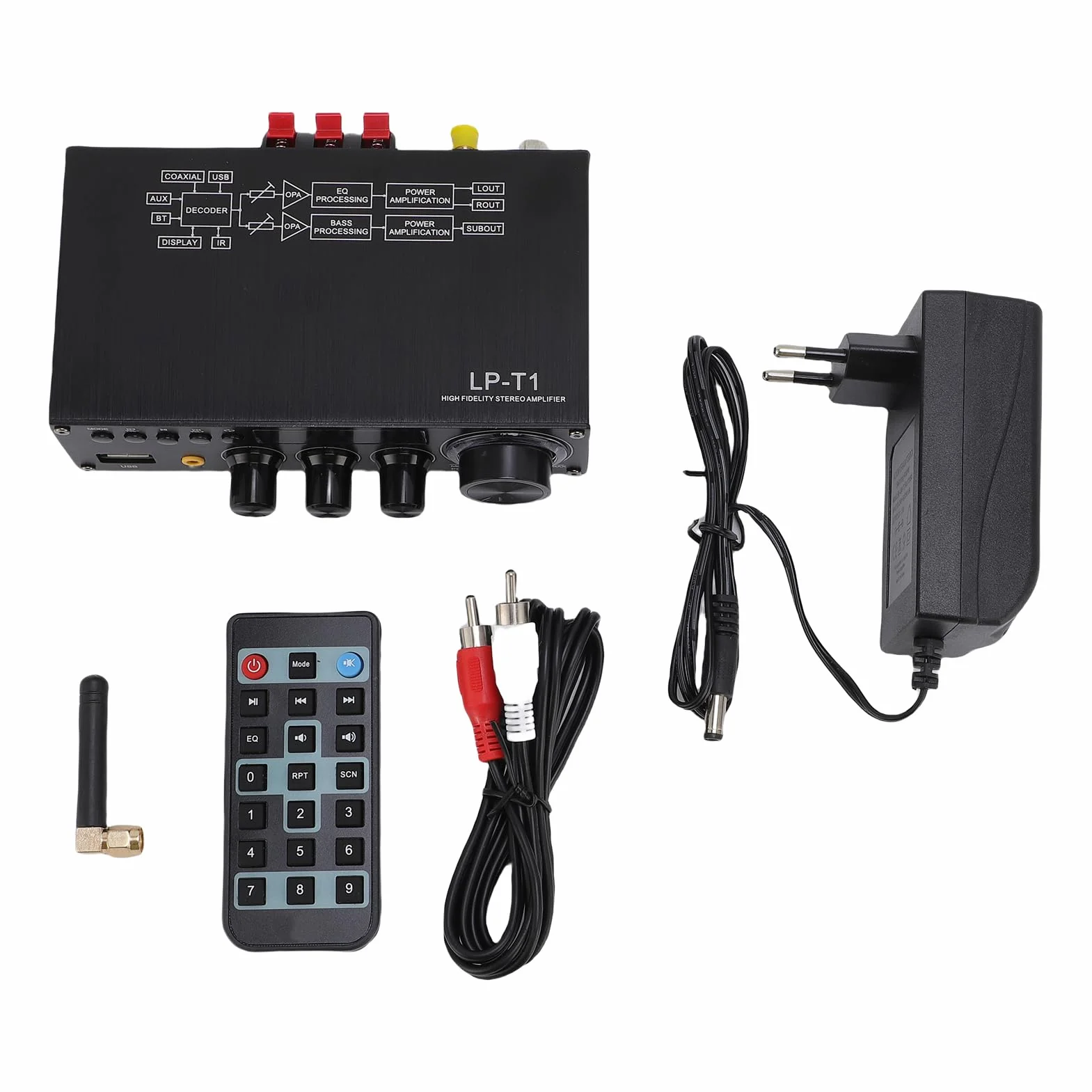 LICAEVEY 2.1 MHE Bluetooth 5.1 Mini Stereo Wzmacniacz z Wyjściem Subwoofera, 30wx2 + 60w Kompaktowy Audio Audio do Kina Domowego i Głośników Pasywnych z Zdalnym (wtyczka UE)