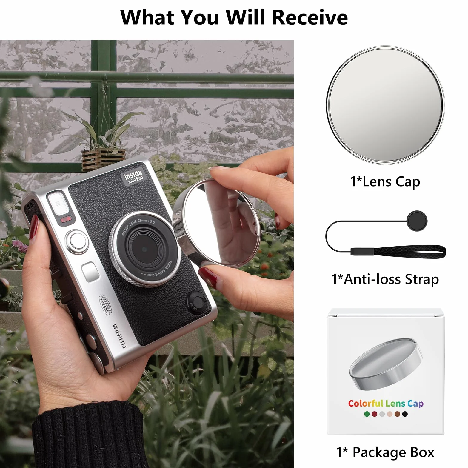 MUZIRI KINOKOO Osłona obiektywu do aparatu Fuji Instax Mini EVO, wysokiej jakości plastikowa osłona z flokowaną wewnętrzną linką, srebrna