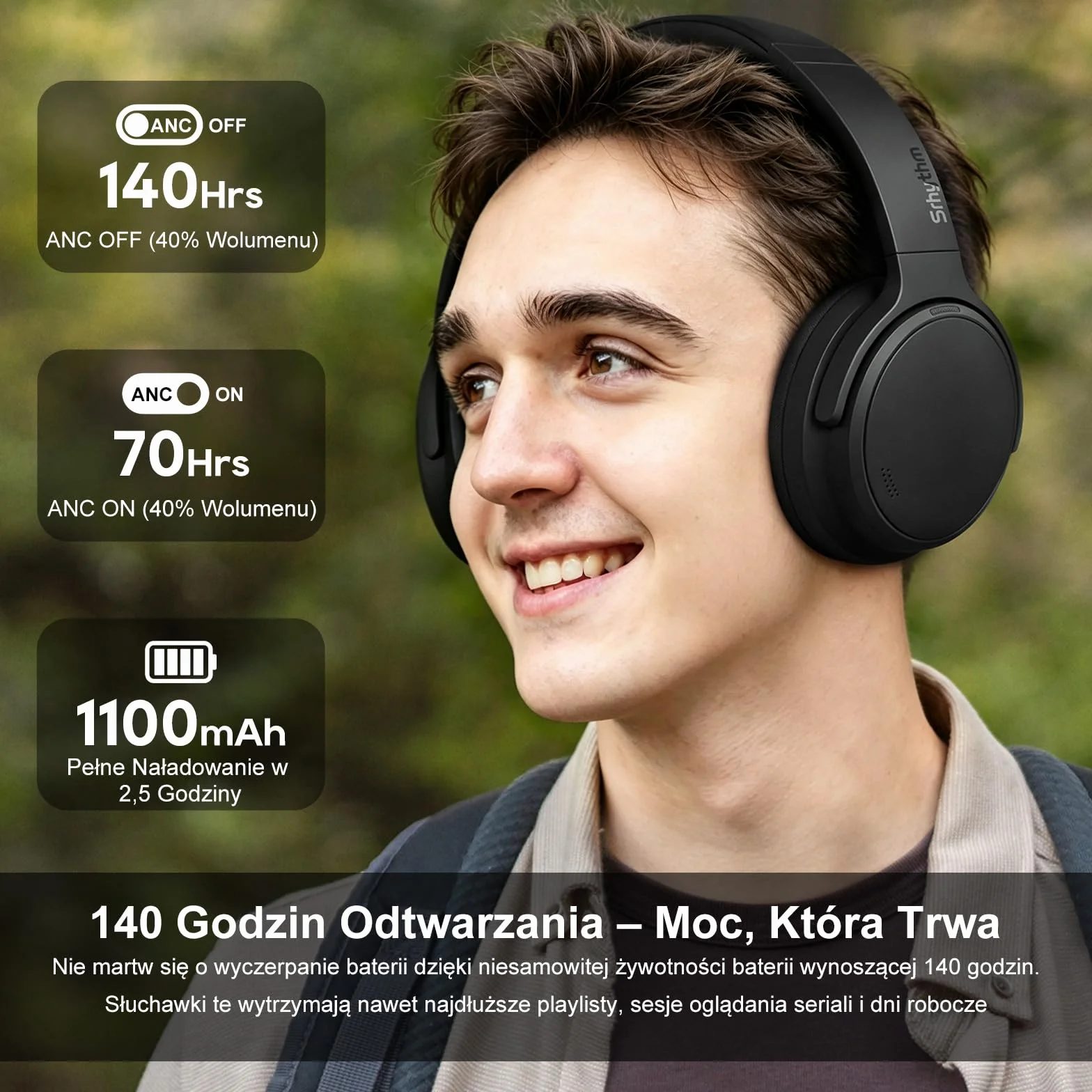 Srhythm NiceComfort 35 (2. Generacja) Hybrydowe słuchawki z redukcją szumów, bezprzewodowa technologia Bluetooth 6.0, 5 mikrofonów z funkcją ENC, przezroczystość, czas odtwarzania 140 godzin